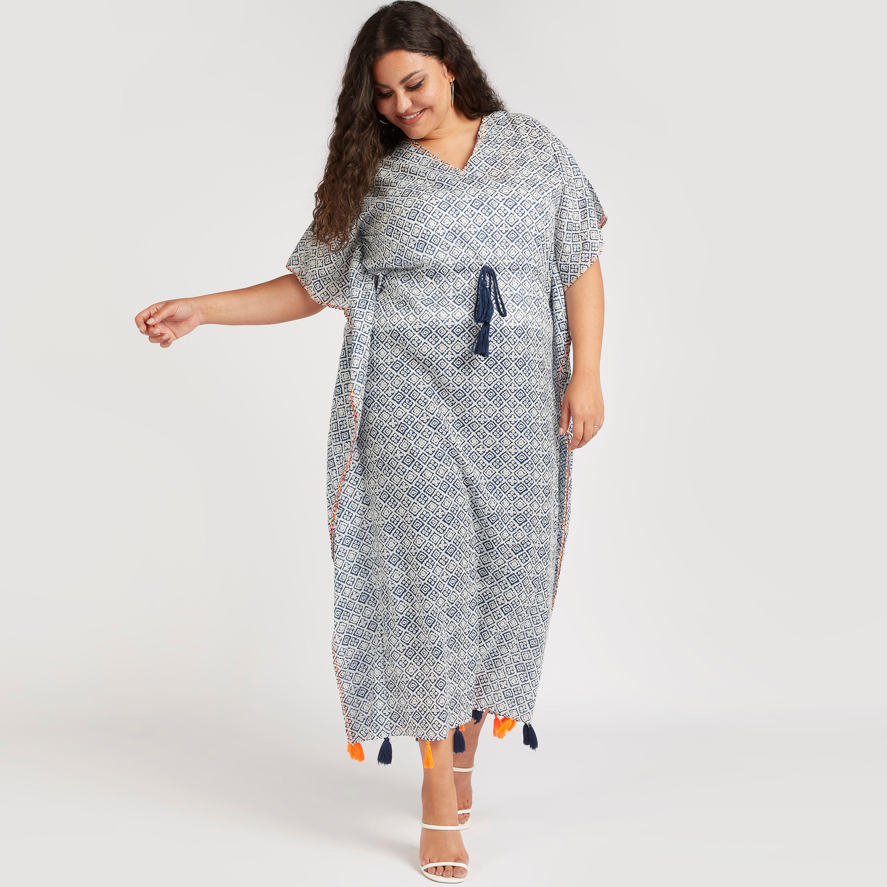 Printed V-neck Tunic with Waist Drawstring and Tassels-women-clothing-dresses-image-2