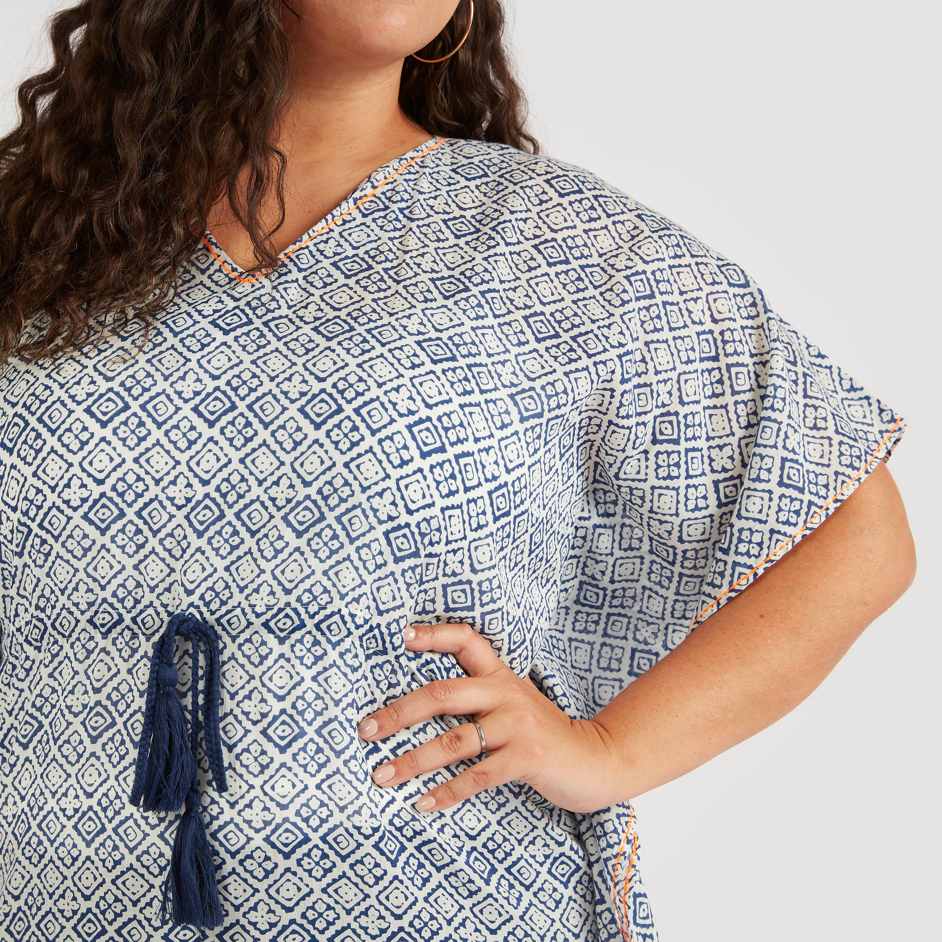 Printed V-neck Tunic with Waist Drawstring and Tassels-women-clothing-dresses-image-3