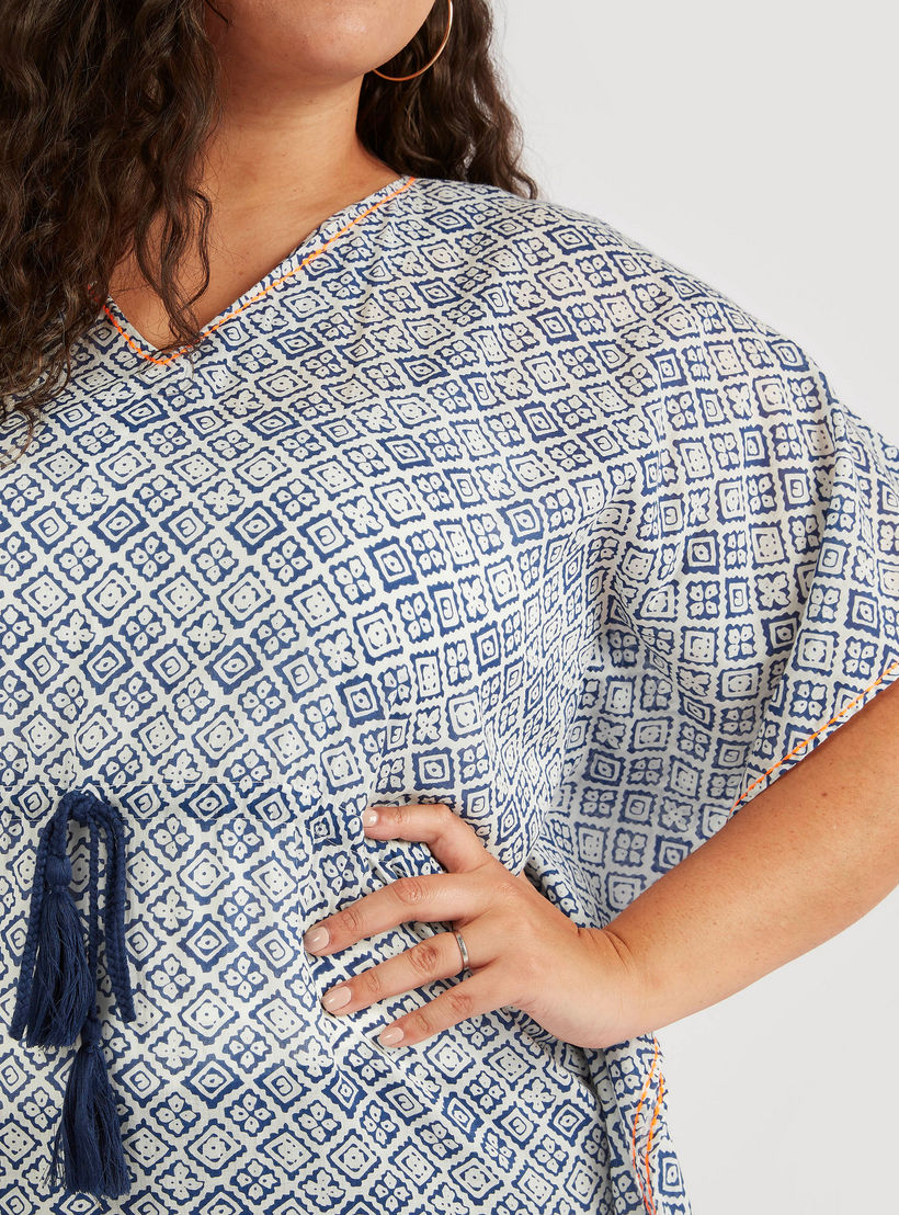 Printed V-neck Tunic with Waist Drawstring and Tassels-women-clothing-dresses-image-3