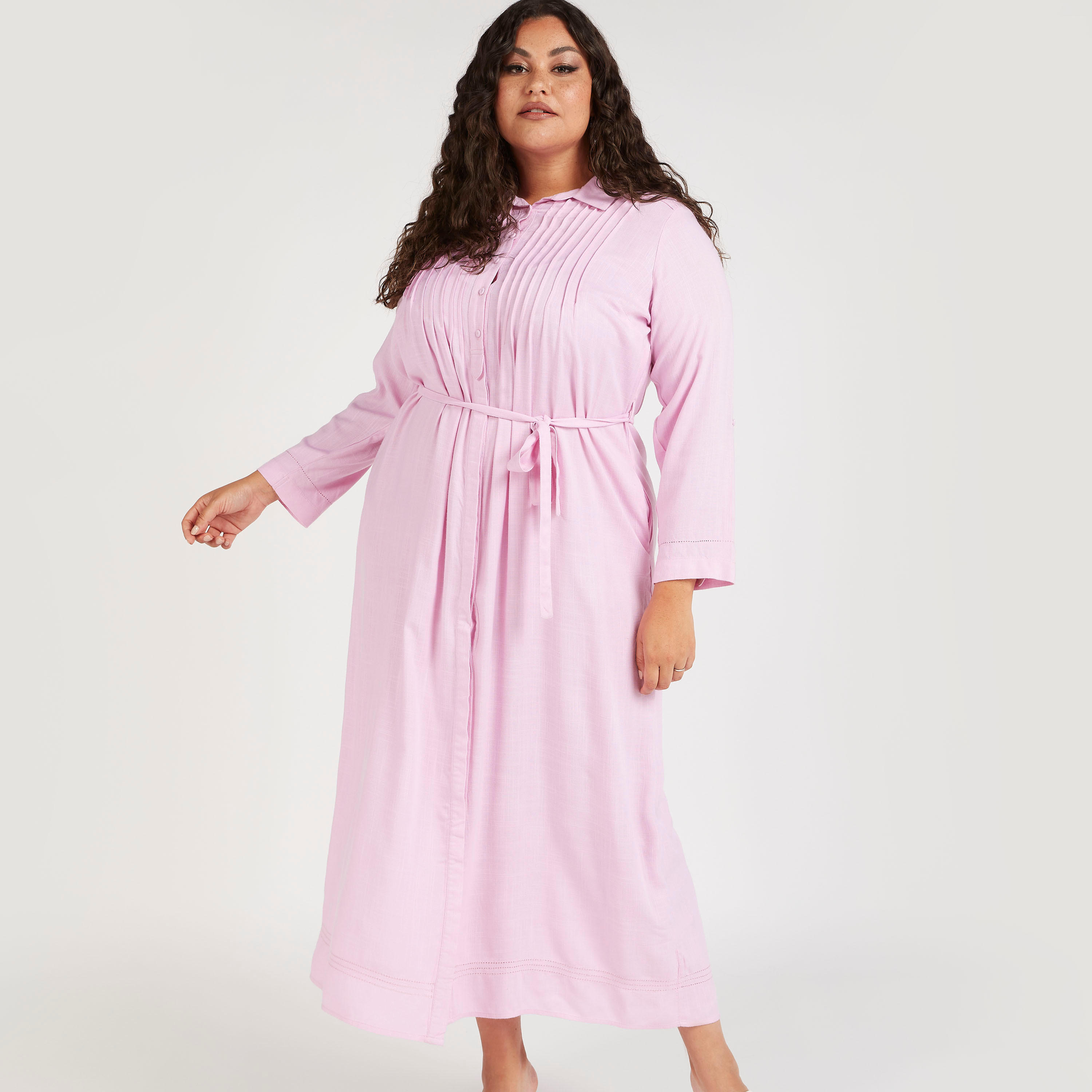 فستان قميص طويل بطيات بأكمام طويلة وأربطة-women-clothing-dresses-image-1