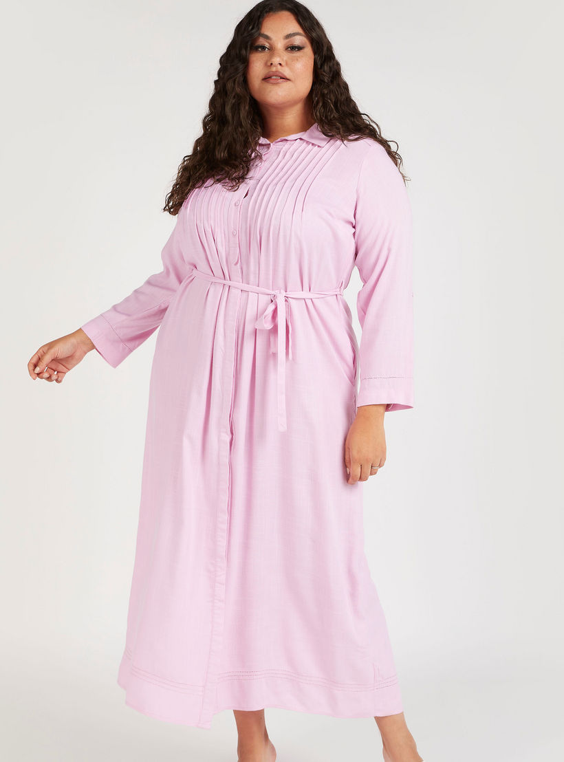 فستان قميص طويل بطيات بأكمام طويلة وأربطة-women-clothing-dresses-image-1