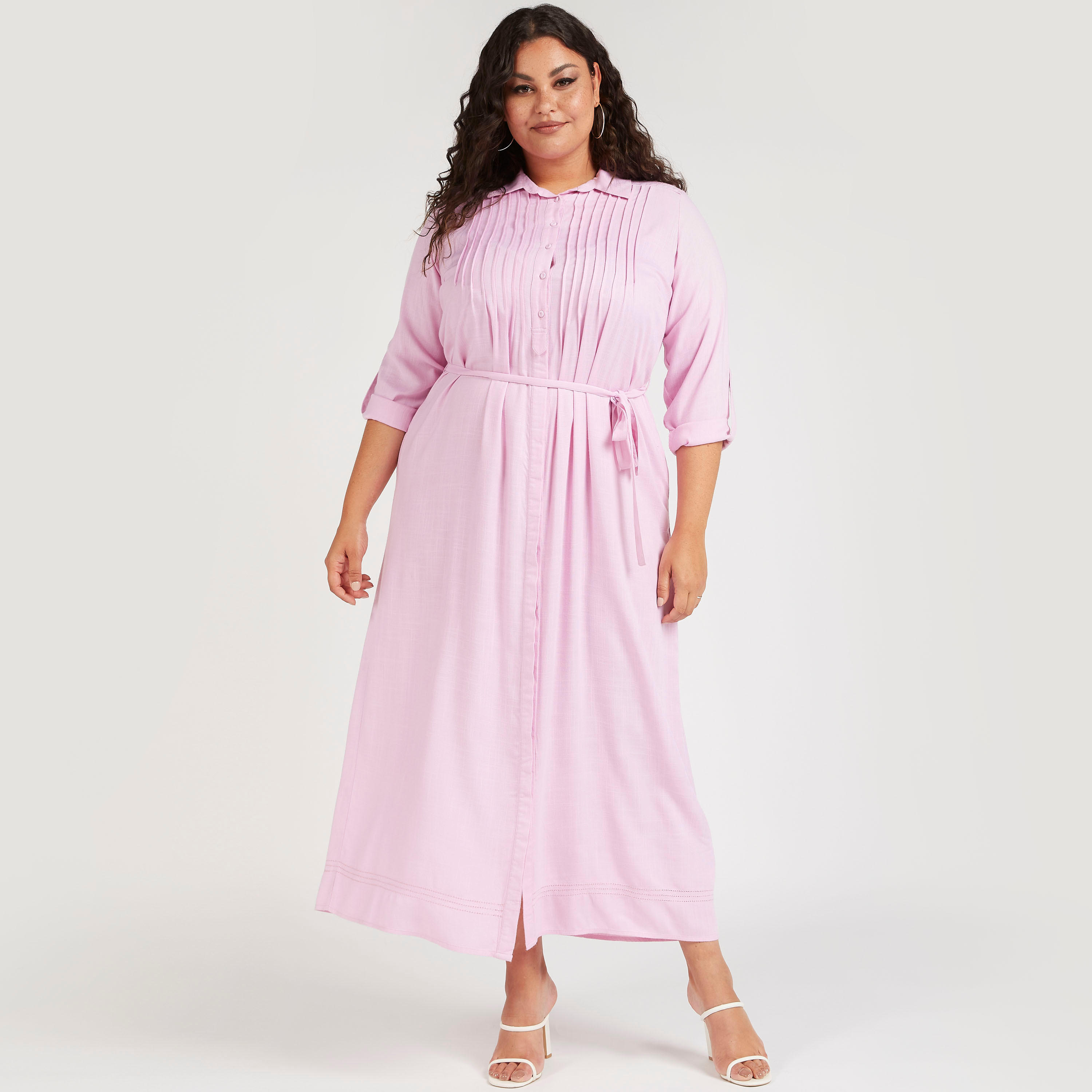فستان قميص طويل بطيات بأكمام طويلة وأربطة-women-clothing-dresses-image-2
