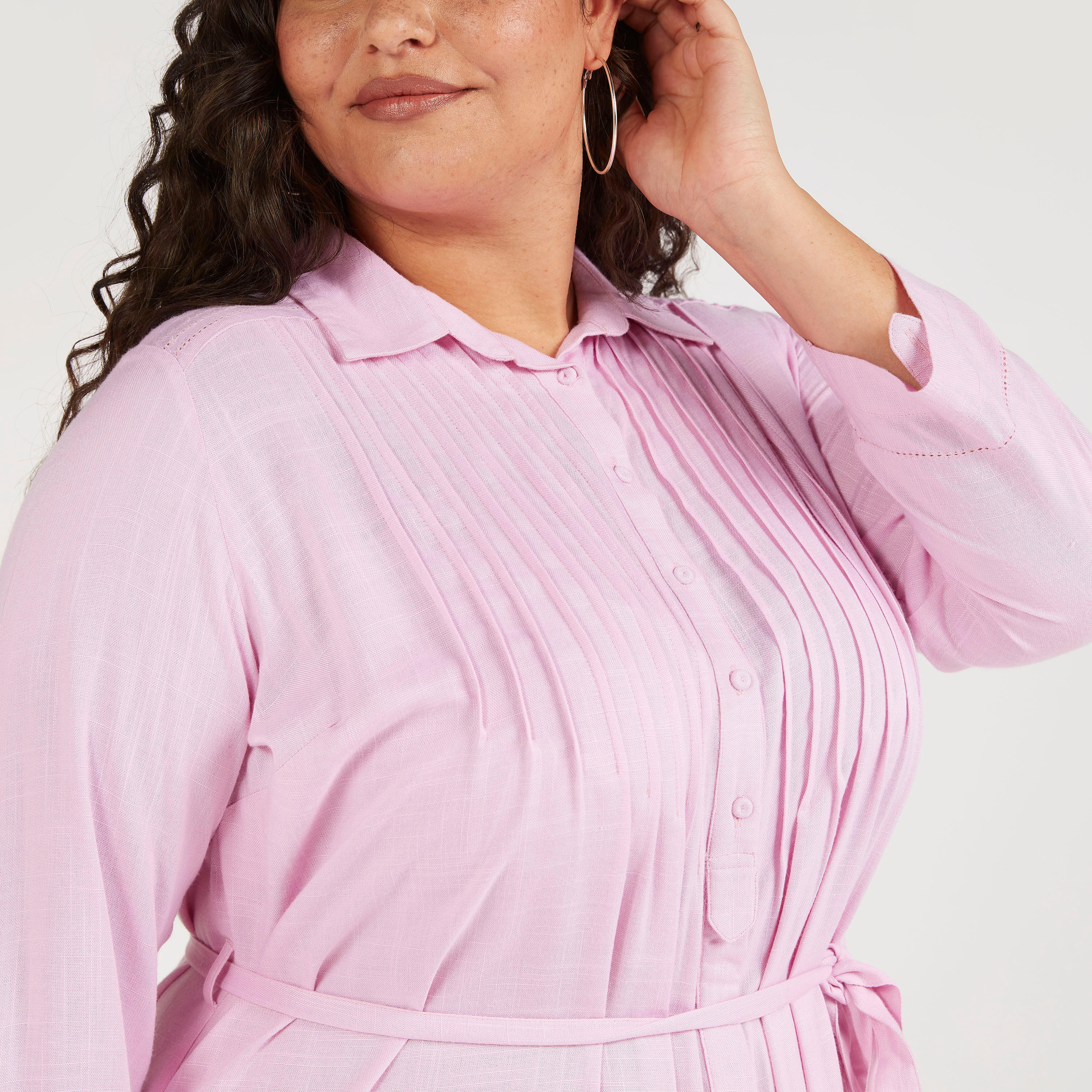 فستان قميص طويل بطيات بأكمام طويلة وأربطة-women-clothing-dresses-image-3