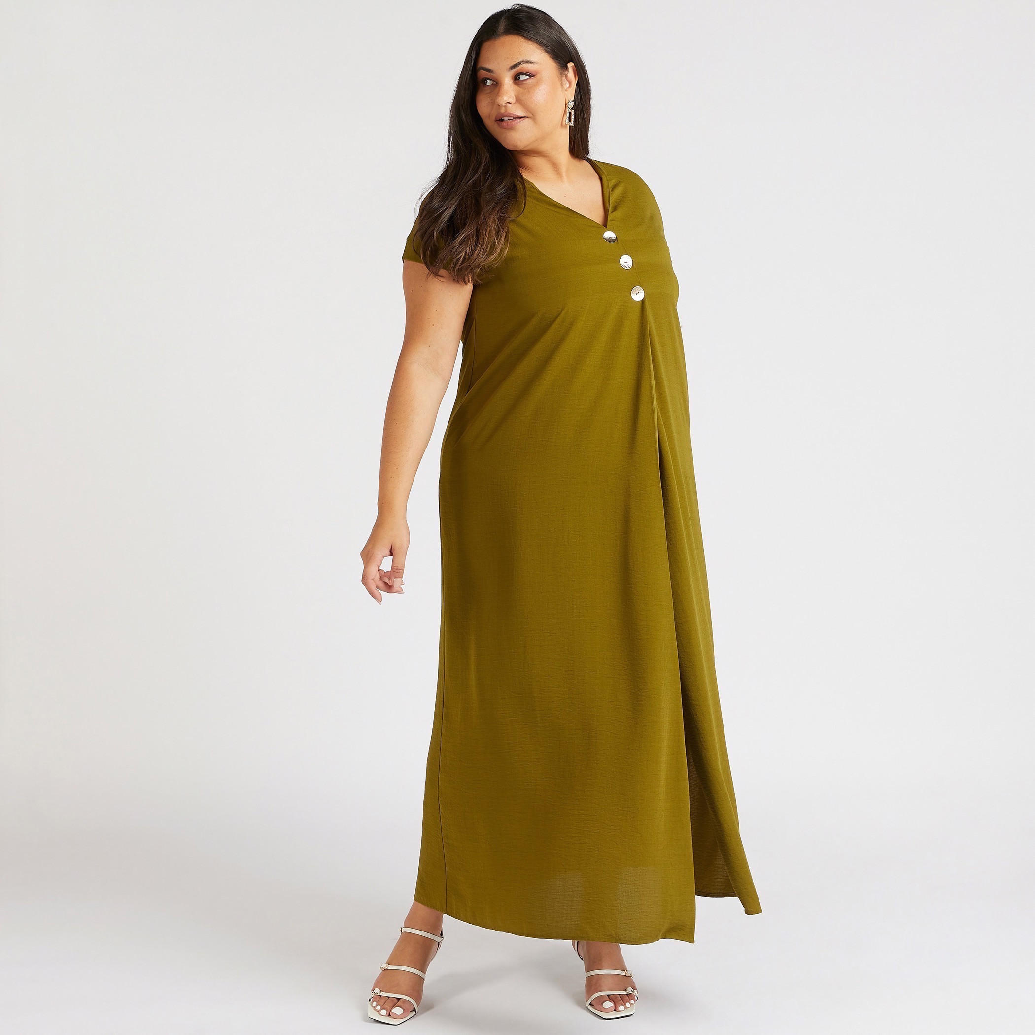 Solid V-neck Maxi A-line Dress with Button Accents-women-clothing-dresses-image-1