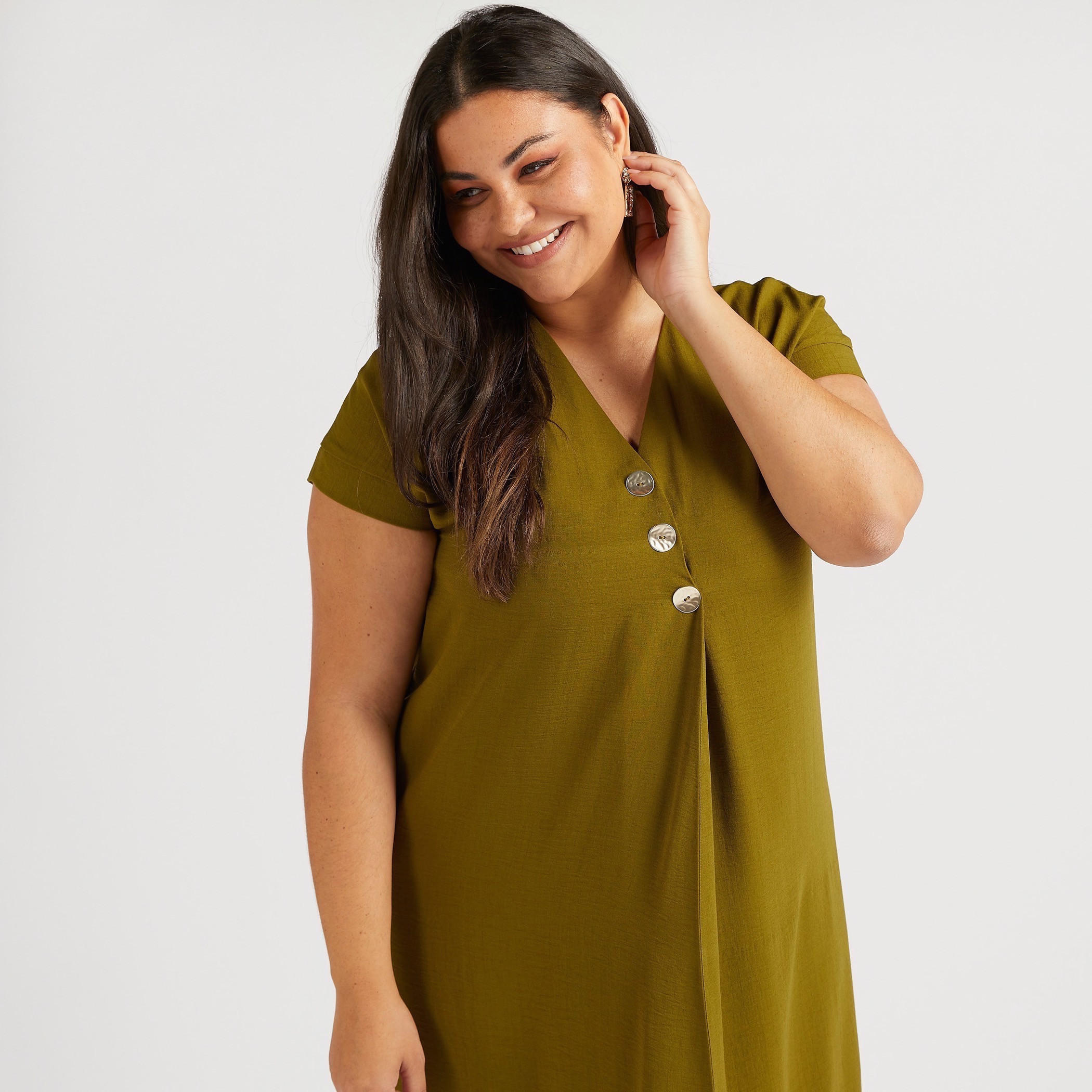 Solid V-neck Maxi A-line Dress with Button Accents-women-clothing-dresses-image-2