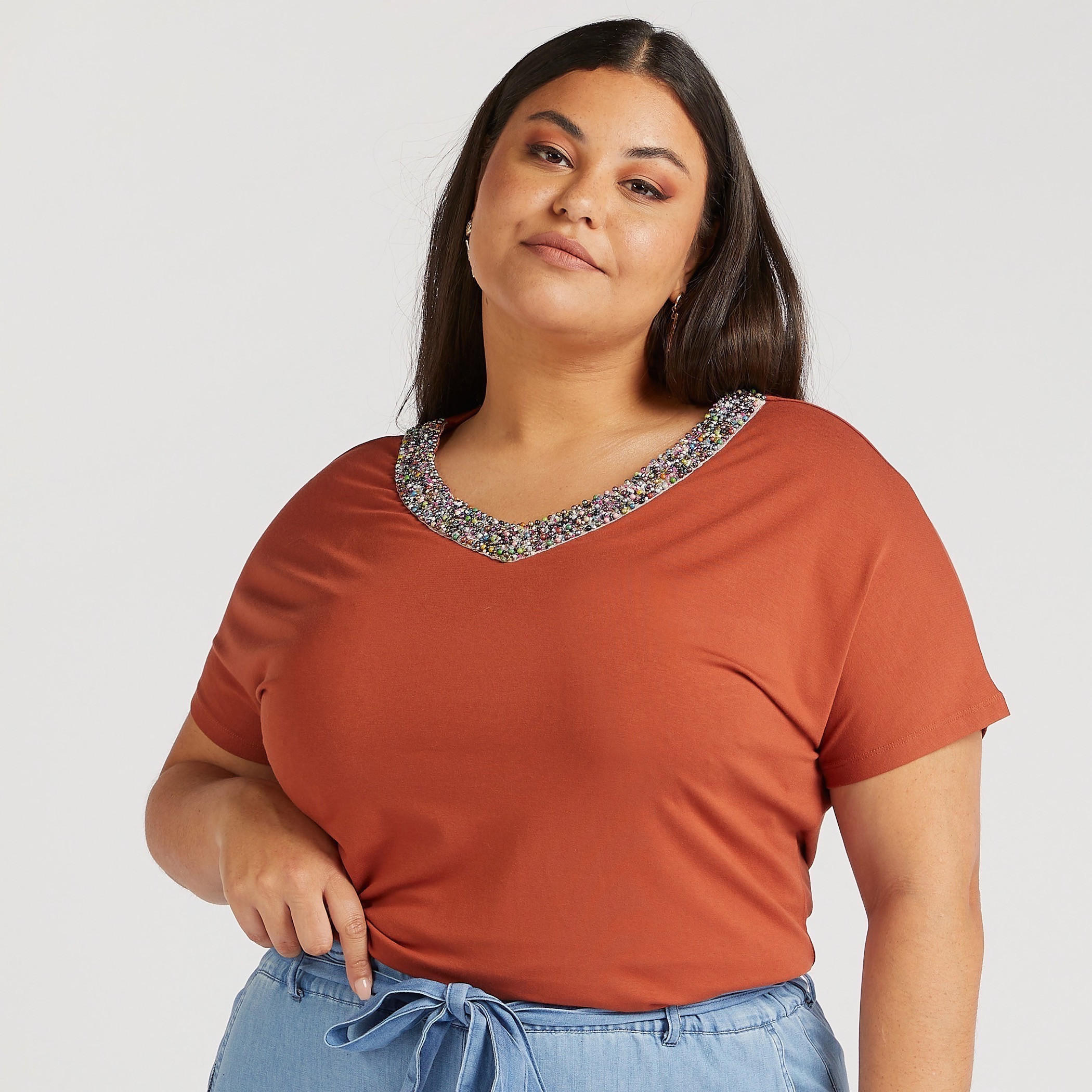 Embellished V-neck T-shirt with Short Sleeves-women-clothing-tshirts-image-1