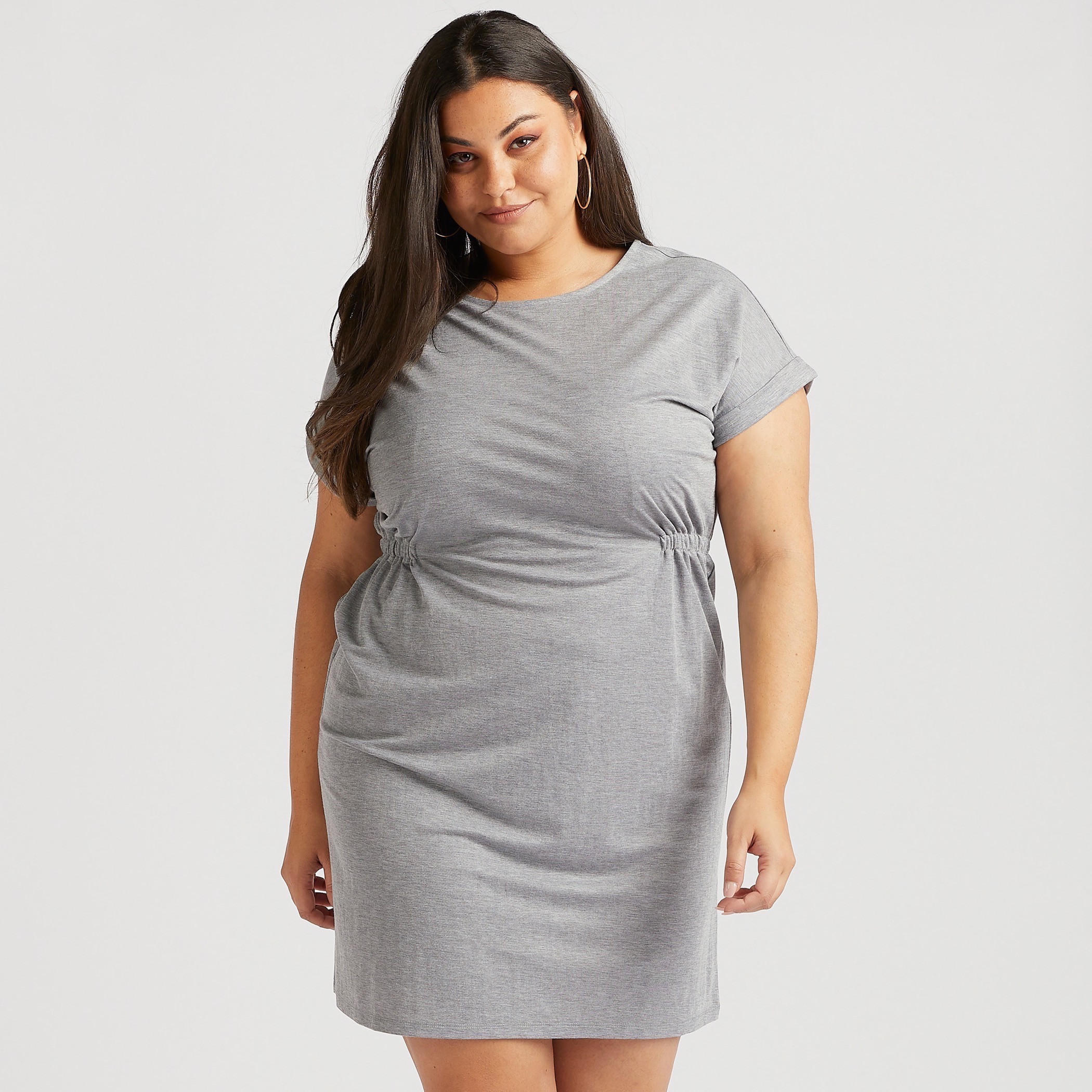 Solid Round Neck Mini Shift Dress with Short Sleeves-women-clothing-dresses-image-1
