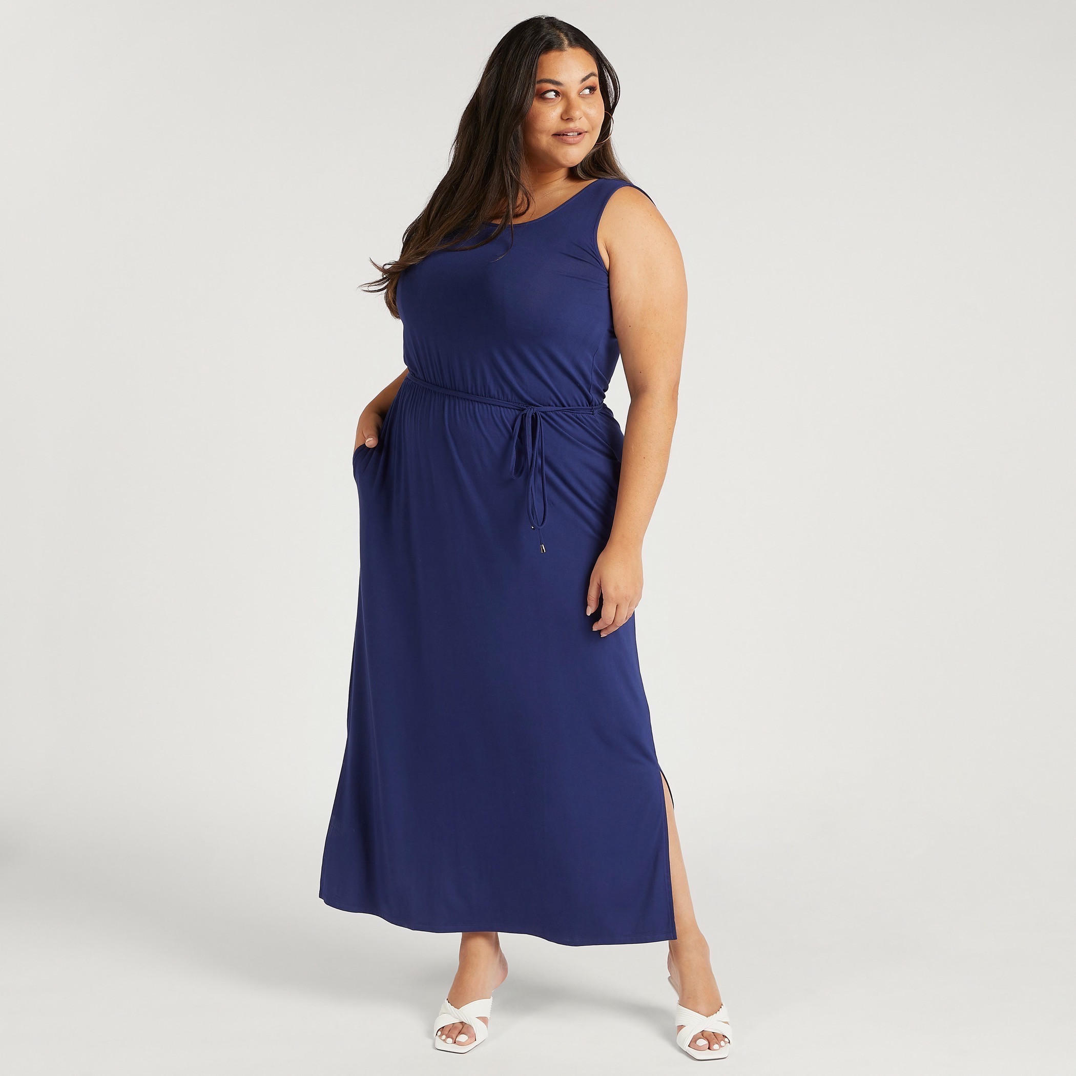 Solid Maxi A-line Sleeveless Dress with Pockets and Tie-Up Belt-women-clothing-dresses-image-1
