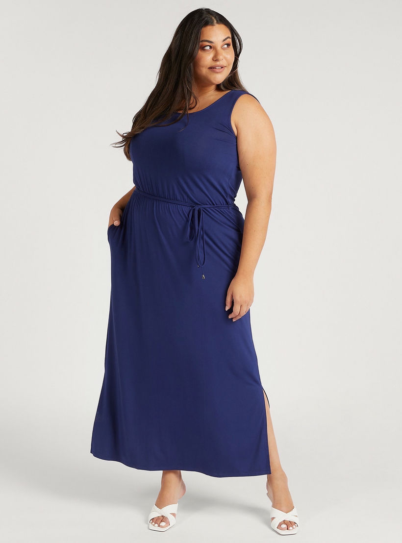 Solid Maxi A-line Sleeveless Dress with Pockets and Tie-Up Belt-women-clothing-dresses-image-1