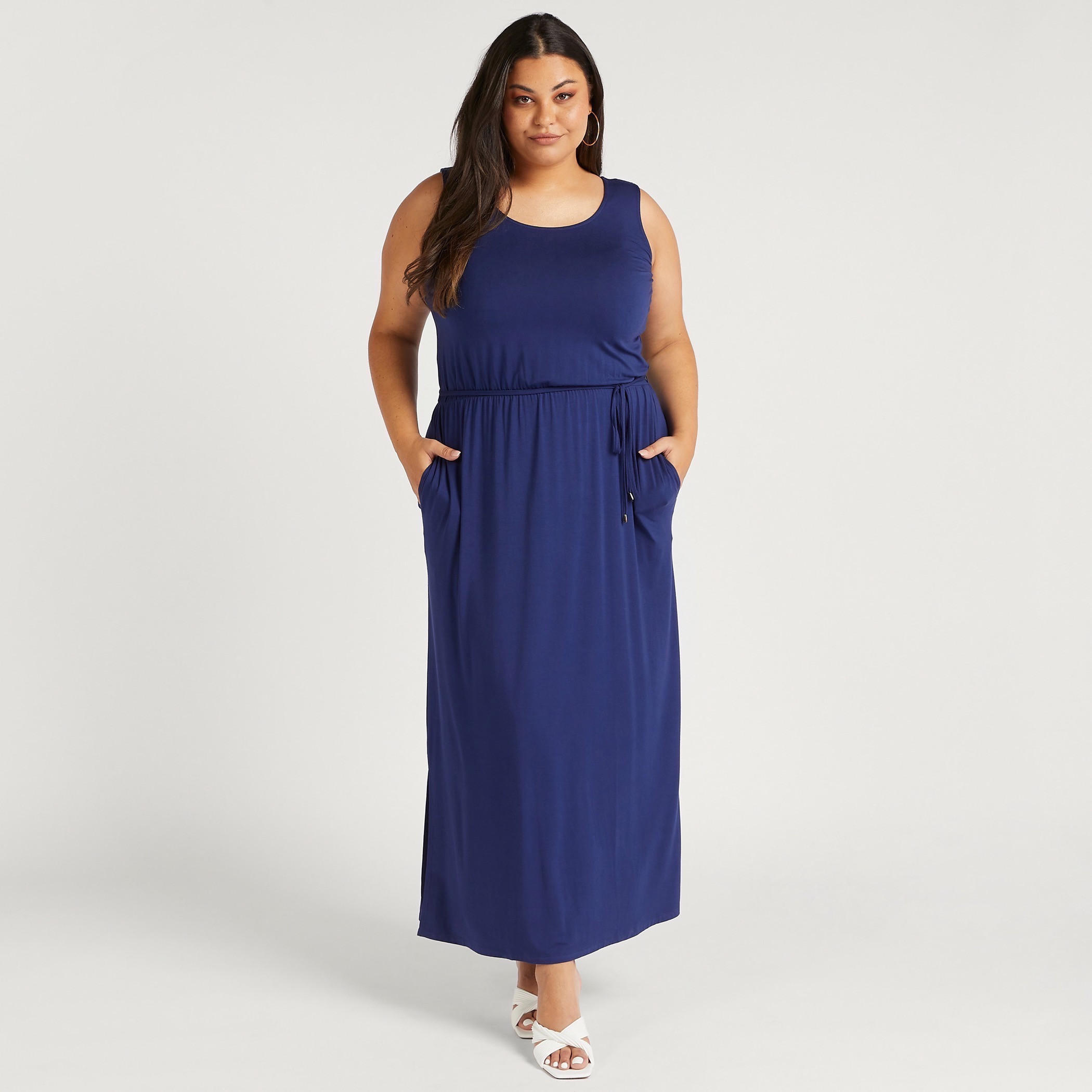 Solid Maxi A-line Sleeveless Dress with Pockets and Tie-Up Belt-women-clothing-dresses-image-2