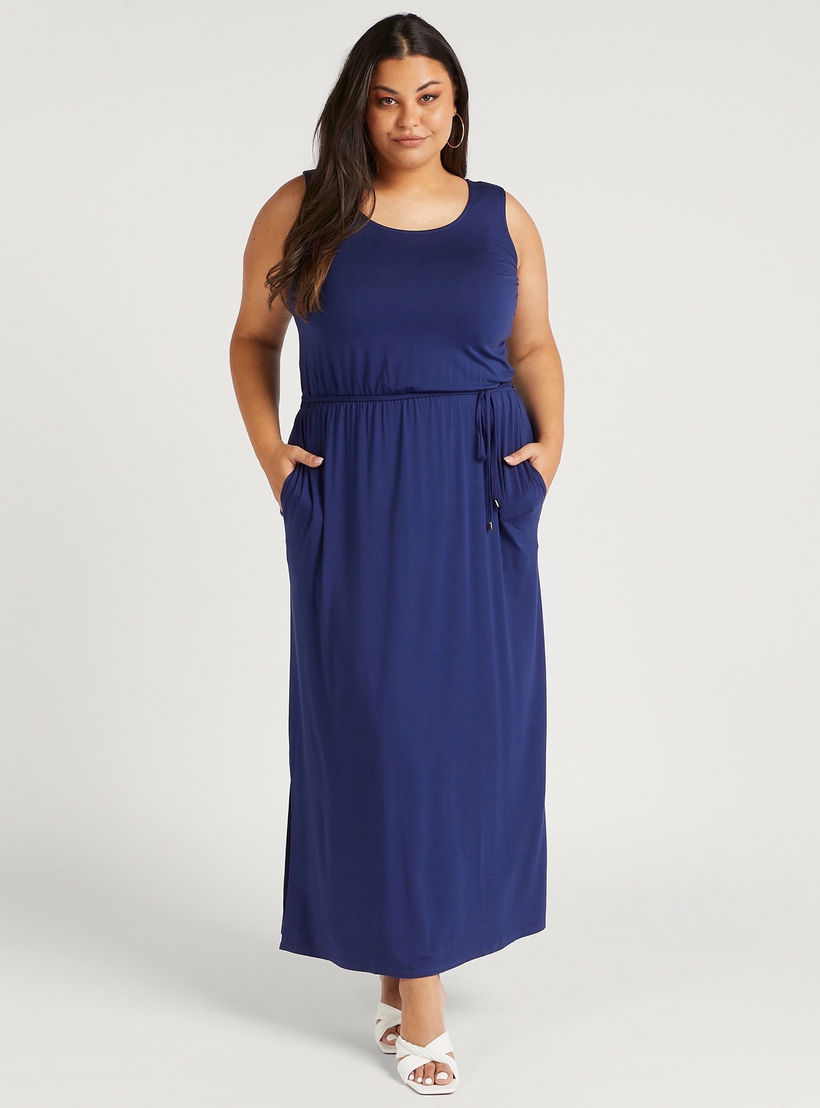 Solid Maxi A-line Sleeveless Dress with Pockets and Tie-Up Belt-women-clothing-dresses-image-2