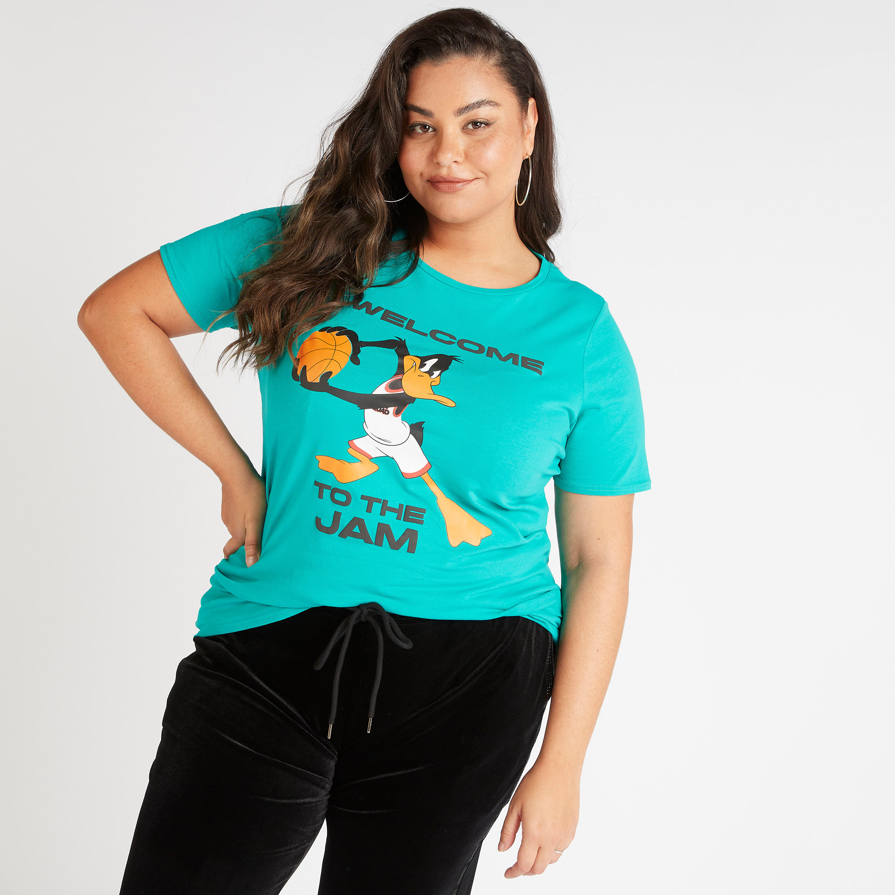 Daffy Duck Print Crew Neck T-shirt with Short Sleeves-women-clothing-tshirts-image-1