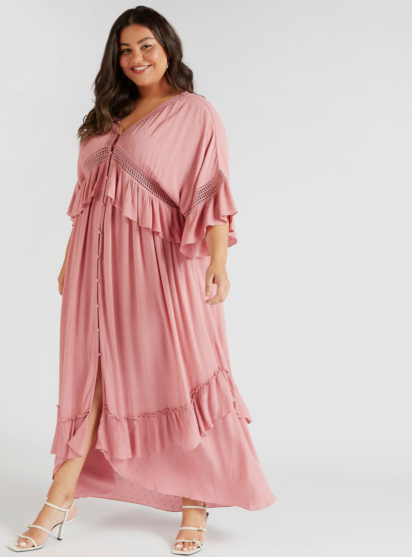 كيمونو طويل بياقة V وأكمام كشكش وتفاصيل شيفلي-women-clothing-shirtsandblouses-blouses-image-1