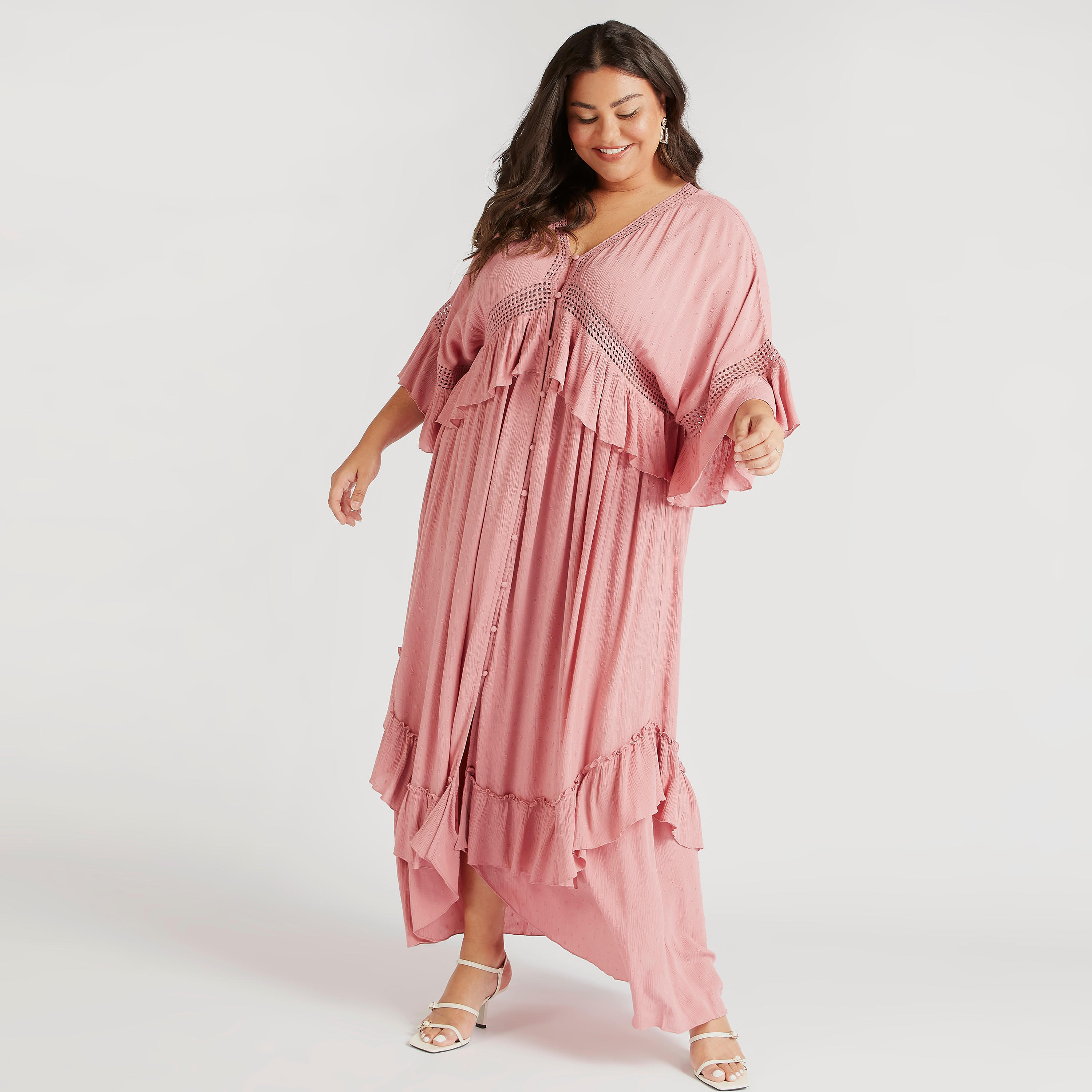 كيمونو طويل بياقة V وأكمام كشكش وتفاصيل شيفلي-women-clothing-shirtsandblouses-blouses-image-2