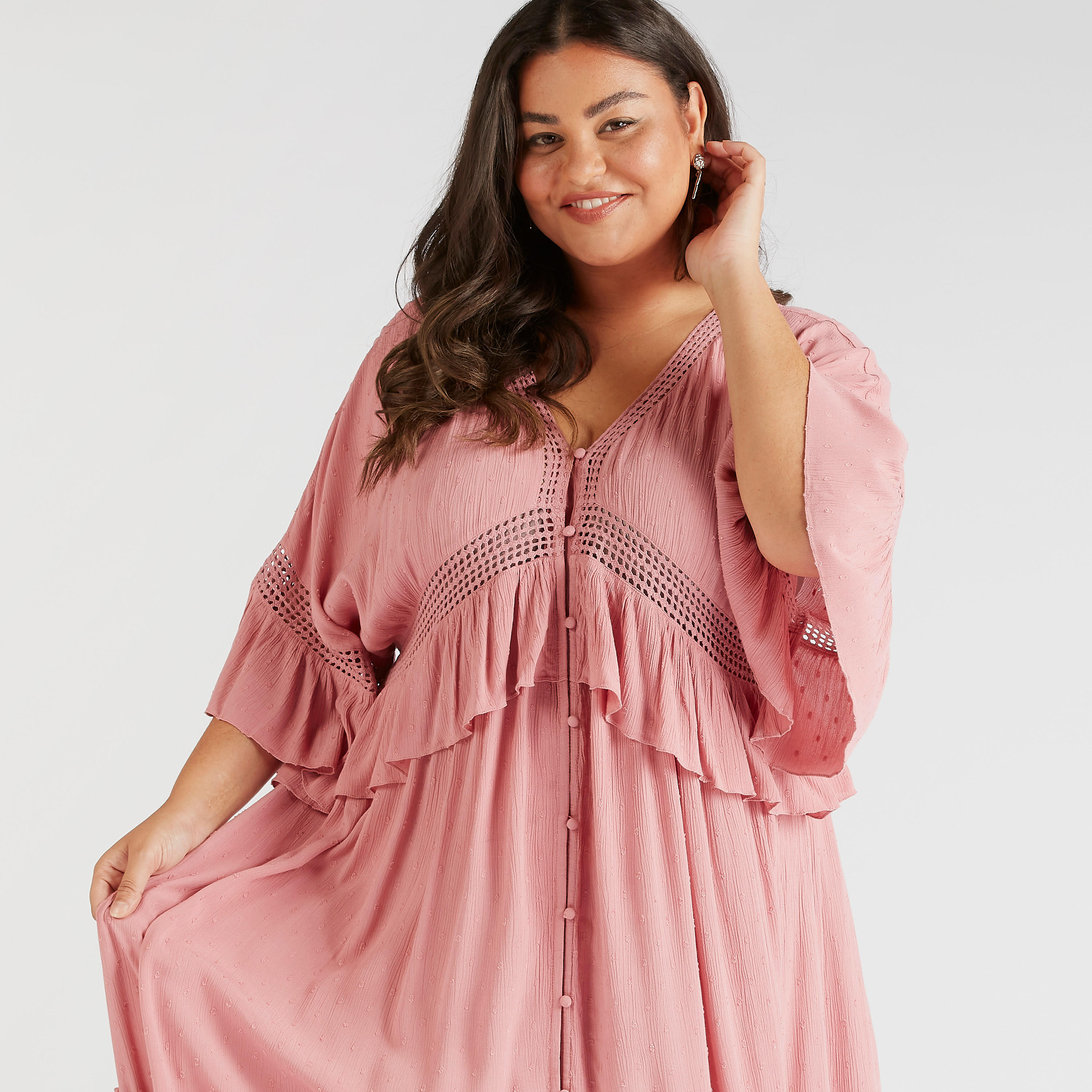 كيمونو طويل بياقة V وأكمام كشكش وتفاصيل شيفلي-women-clothing-shirtsandblouses-blouses-image-5