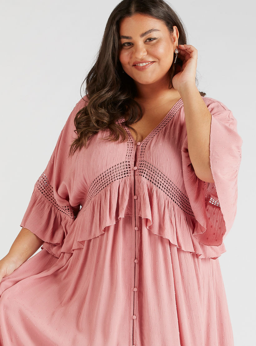 كيمونو طويل بياقة V وأكمام كشكش وتفاصيل شيفلي-women-clothing-shirtsandblouses-blouses-image-5
