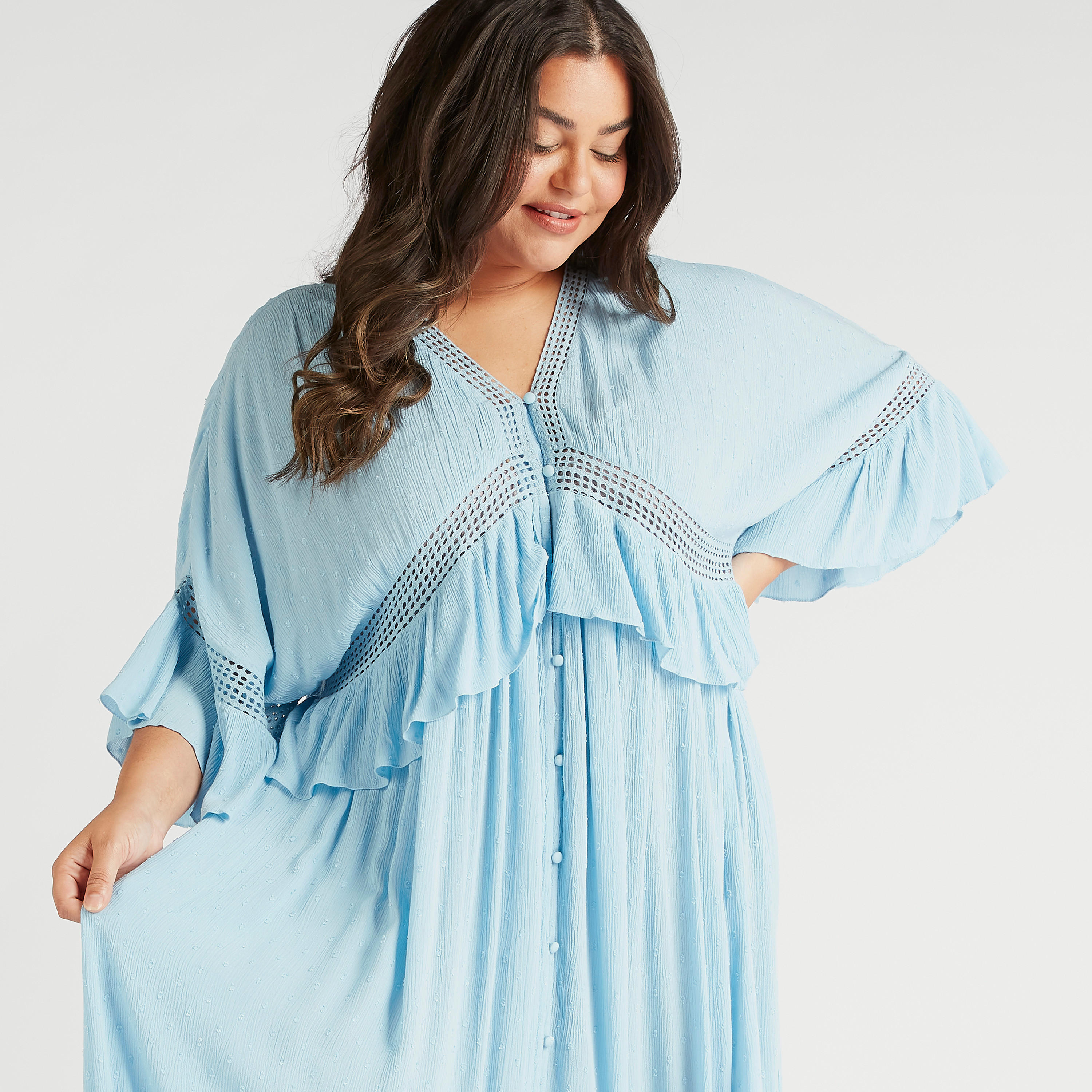 فستان طويل بياقة V وأكمام كشكش وتفاصيل شيفلي-women-clothing-shirtsandblouses-blouses-image-5