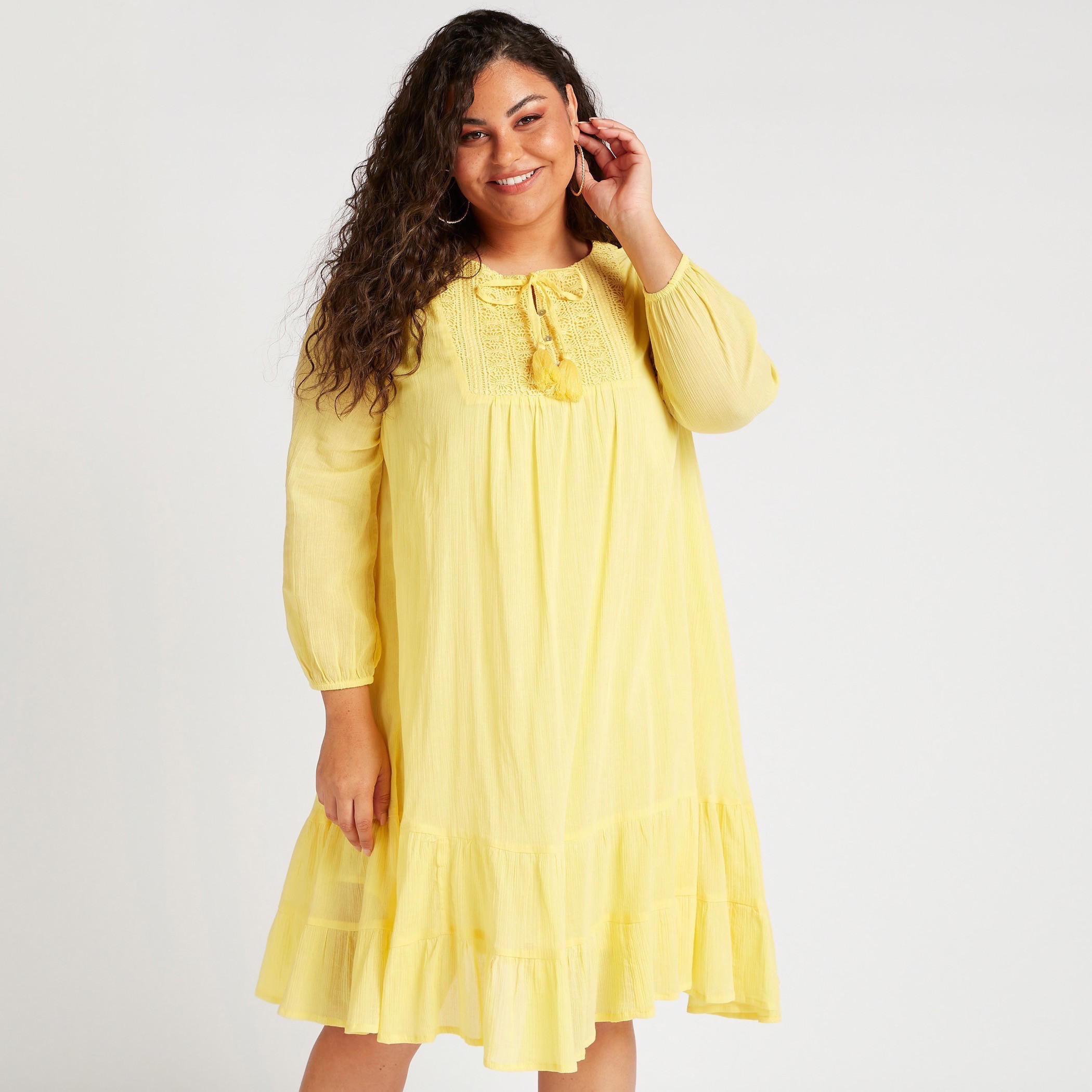 تونيك إيه لاين ميدي بارز الملمس بتفاصيل دانتيل وأكمام طويلة-women-clothing-dresses-image-1