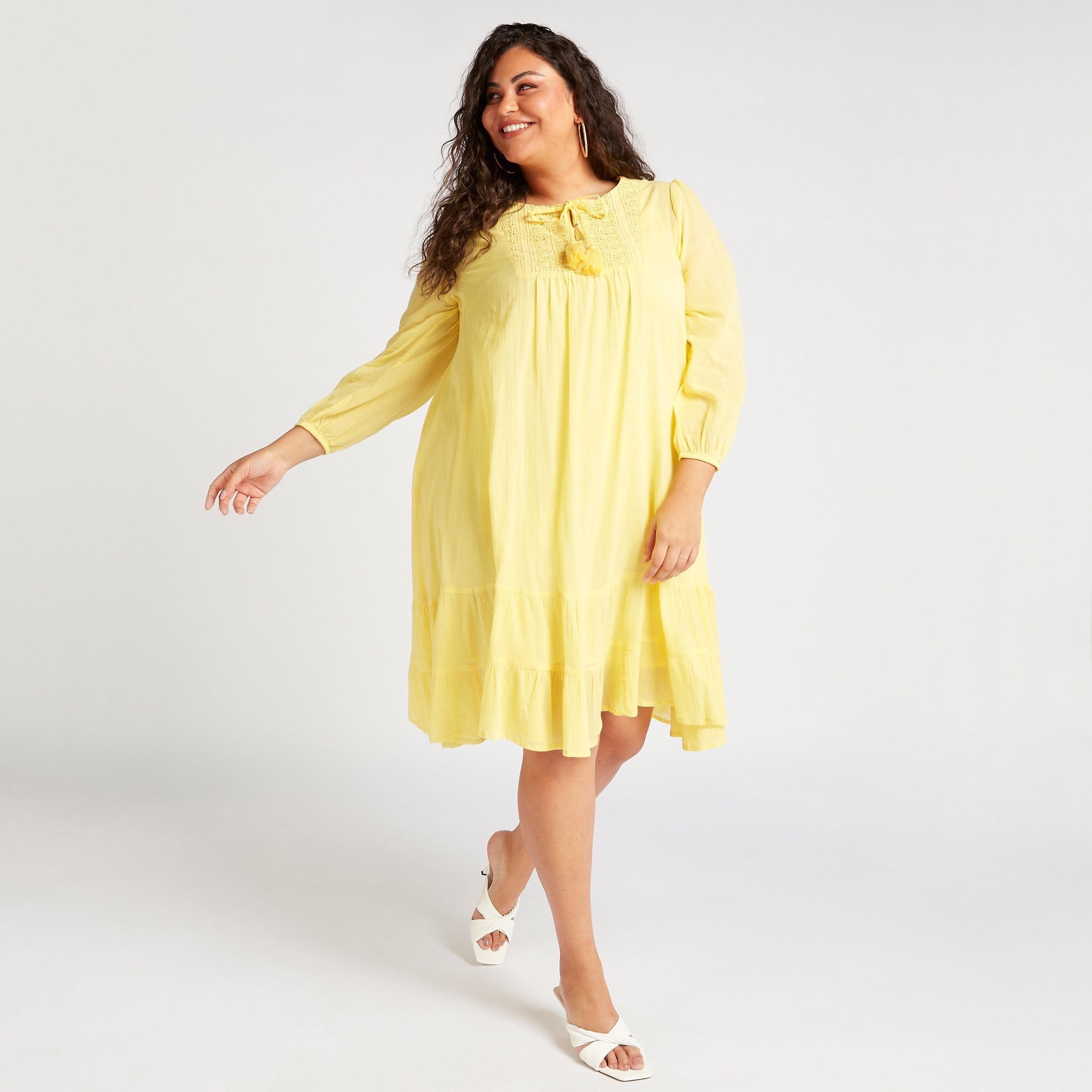 تونيك إيه لاين ميدي بارز الملمس بتفاصيل دانتيل وأكمام طويلة-women-clothing-dresses-image-2