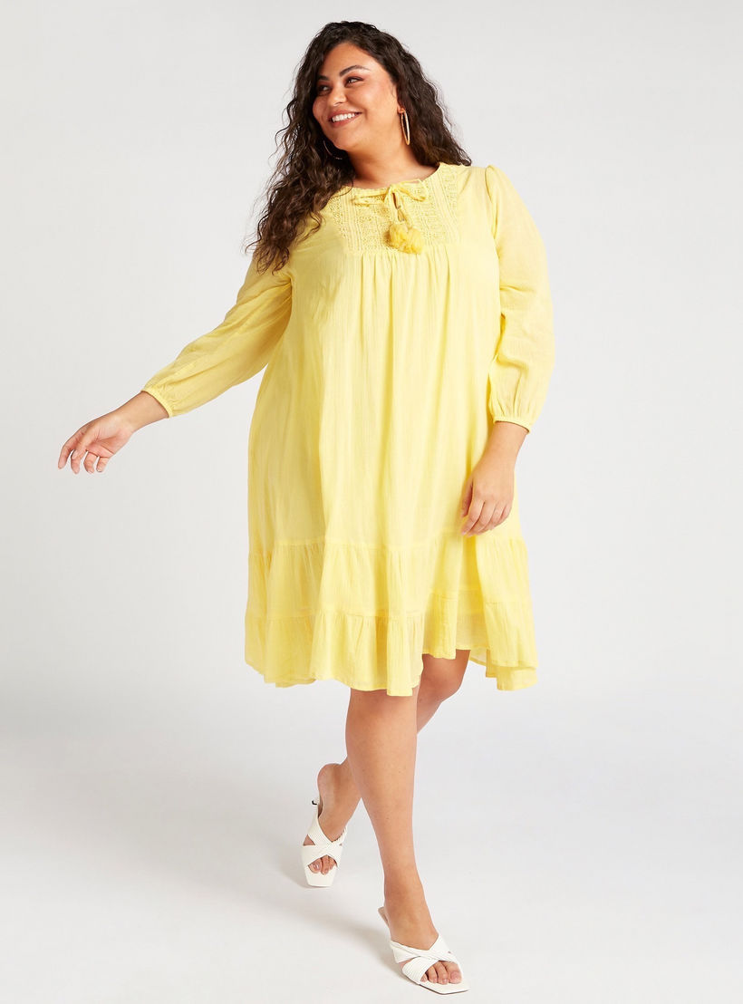 تونيك إيه لاين ميدي بارز الملمس بتفاصيل دانتيل وأكمام طويلة-women-clothing-dresses-image-2