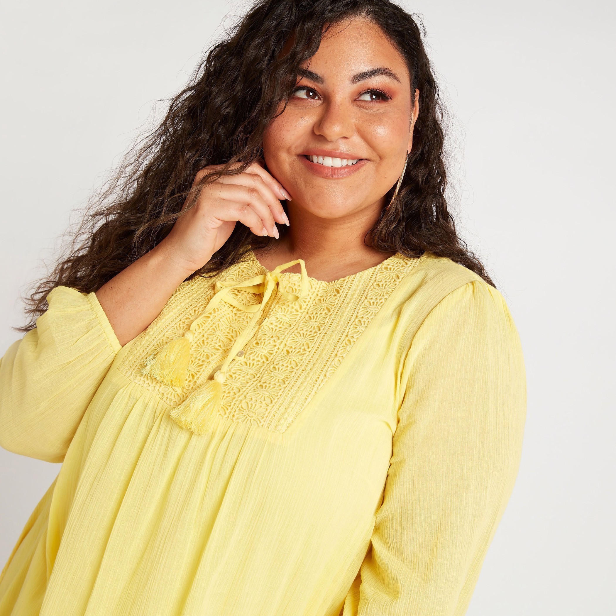 تونيك إيه لاين ميدي بارز الملمس بتفاصيل دانتيل وأكمام طويلة-women-clothing-dresses-image-5