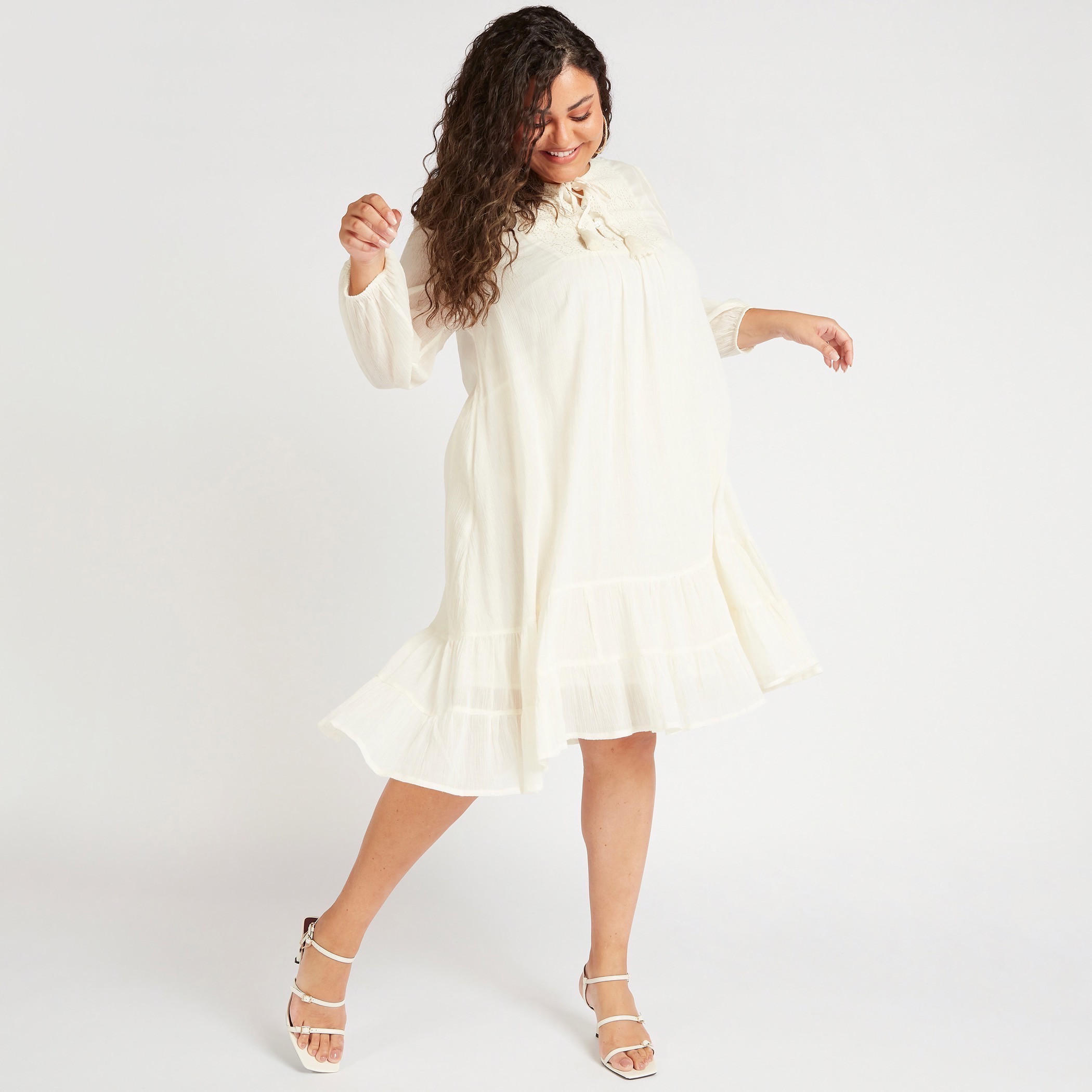 تونيك إيه لاين ميدي بارز الملمس بتفاصيل دانتيل وأكمام طويلة-women-clothing-dresses-image-1