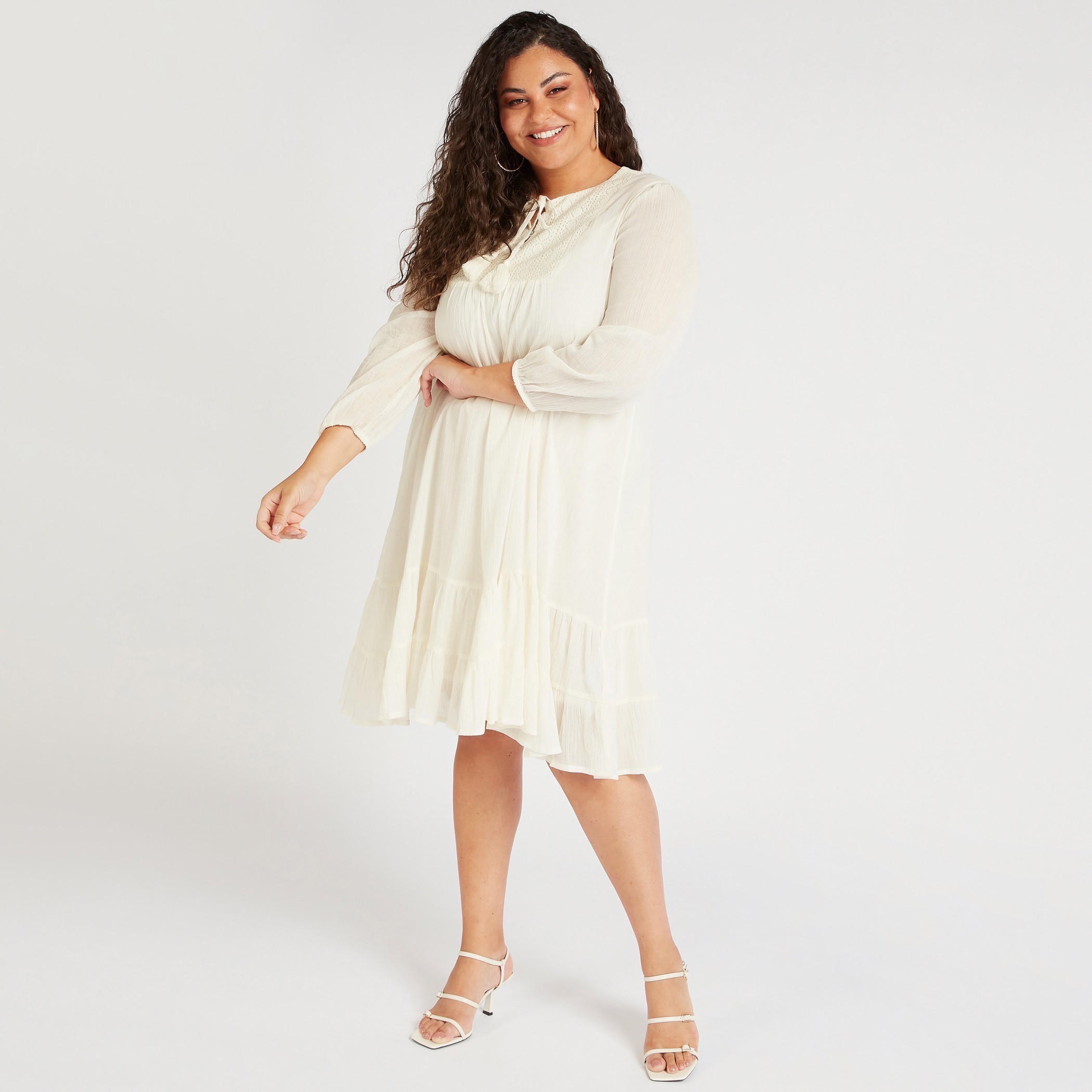 تونيك إيه لاين ميدي بارز الملمس بتفاصيل دانتيل وأكمام طويلة-women-clothing-dresses-image-2