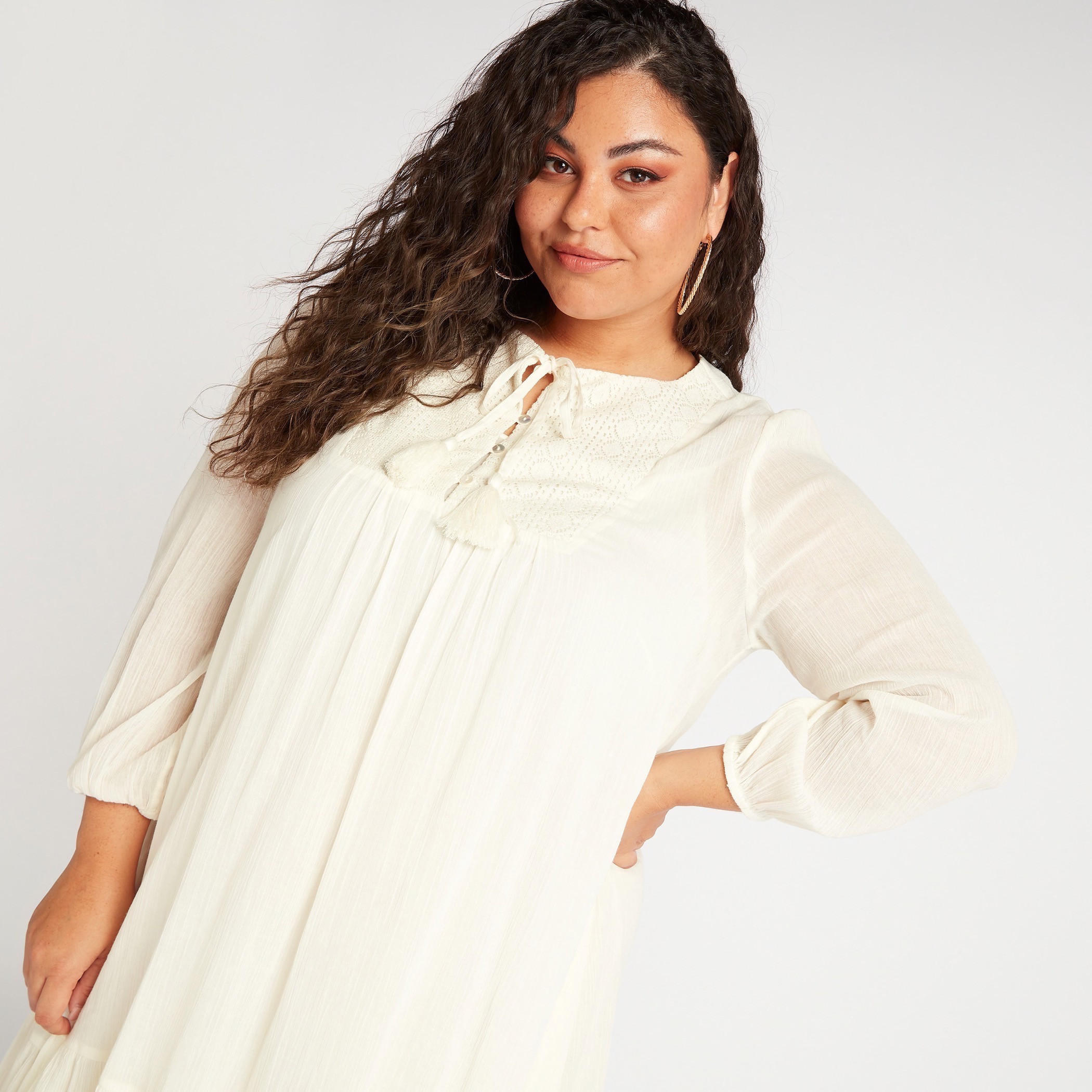 تونيك إيه لاين ميدي بارز الملمس بتفاصيل دانتيل وأكمام طويلة-women-clothing-dresses-image-5