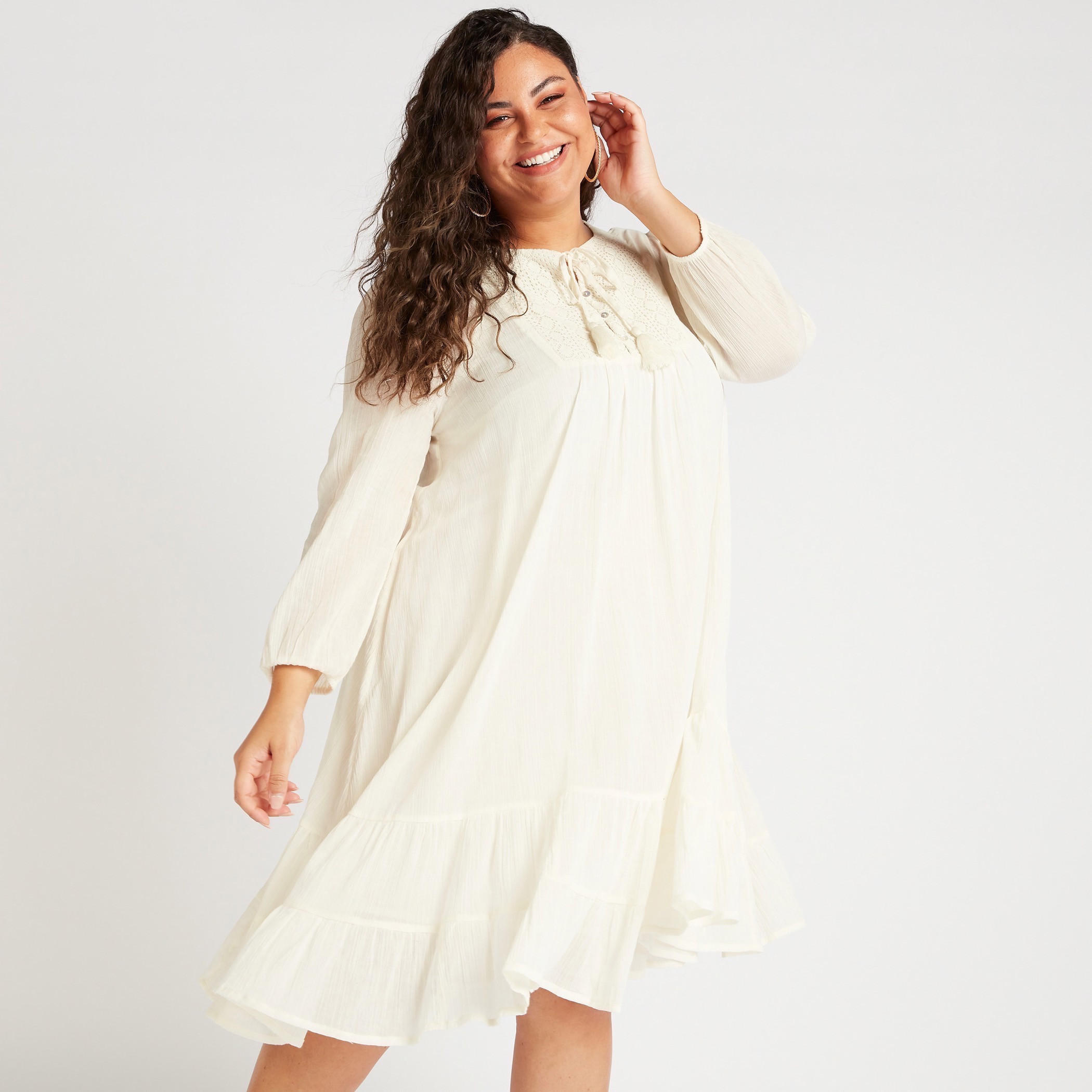 تونيك إيه لاين ميدي بارز الملمس بتفاصيل دانتيل وأكمام طويلة-women-clothing-dresses-image-6