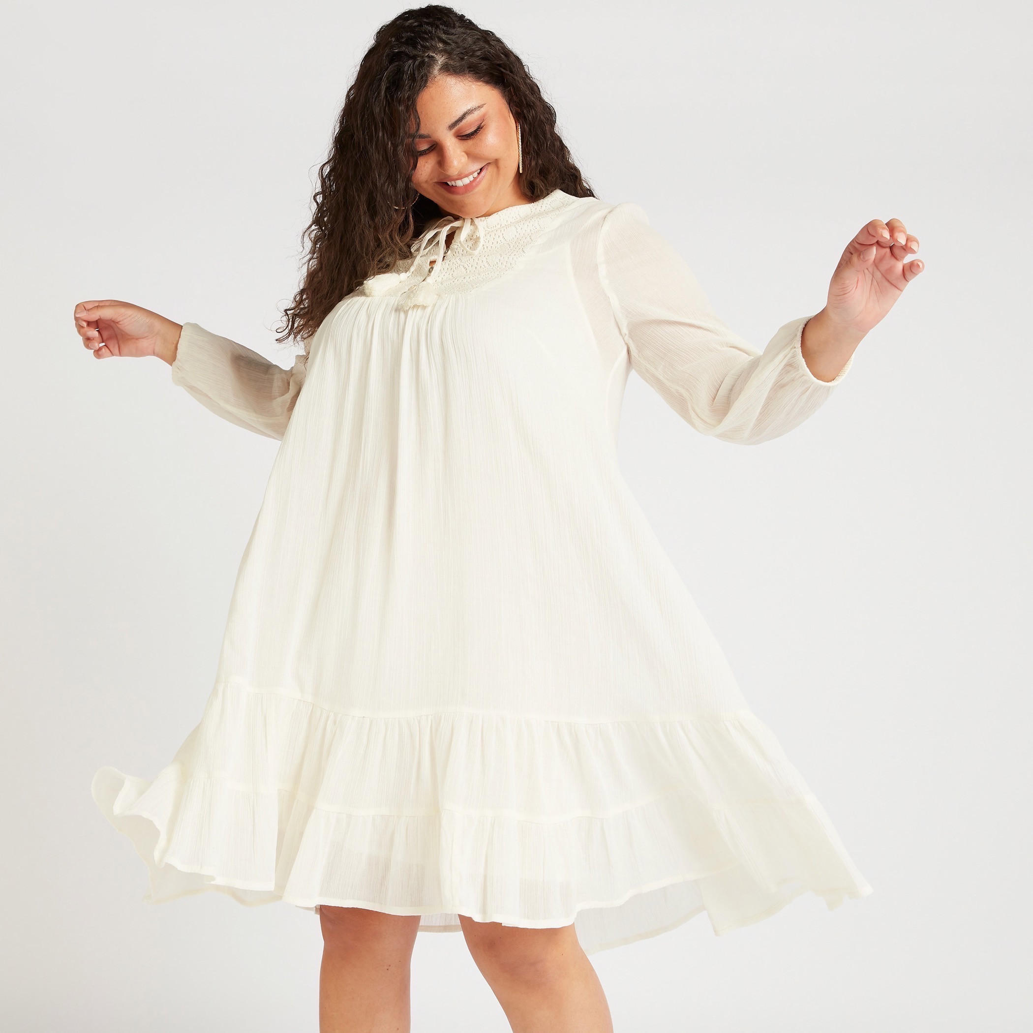 تونيك إيه لاين ميدي بارز الملمس بتفاصيل دانتيل وأكمام طويلة-women-clothing-dresses-image-7