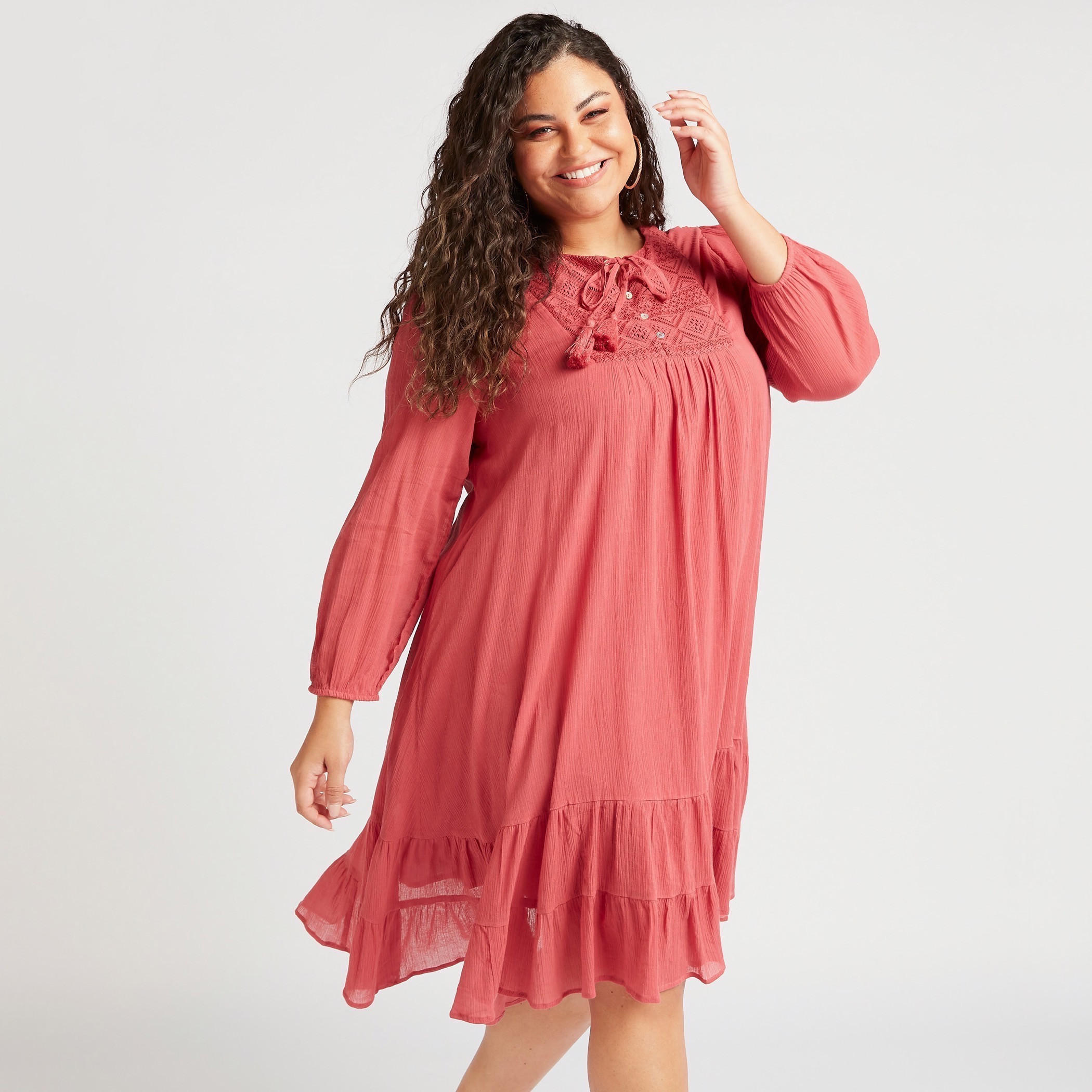تونيك سادة ميدي إيه لاين بتفاصيل دانتيل وأكمام طويلة-women-clothing-dresses-image-1
