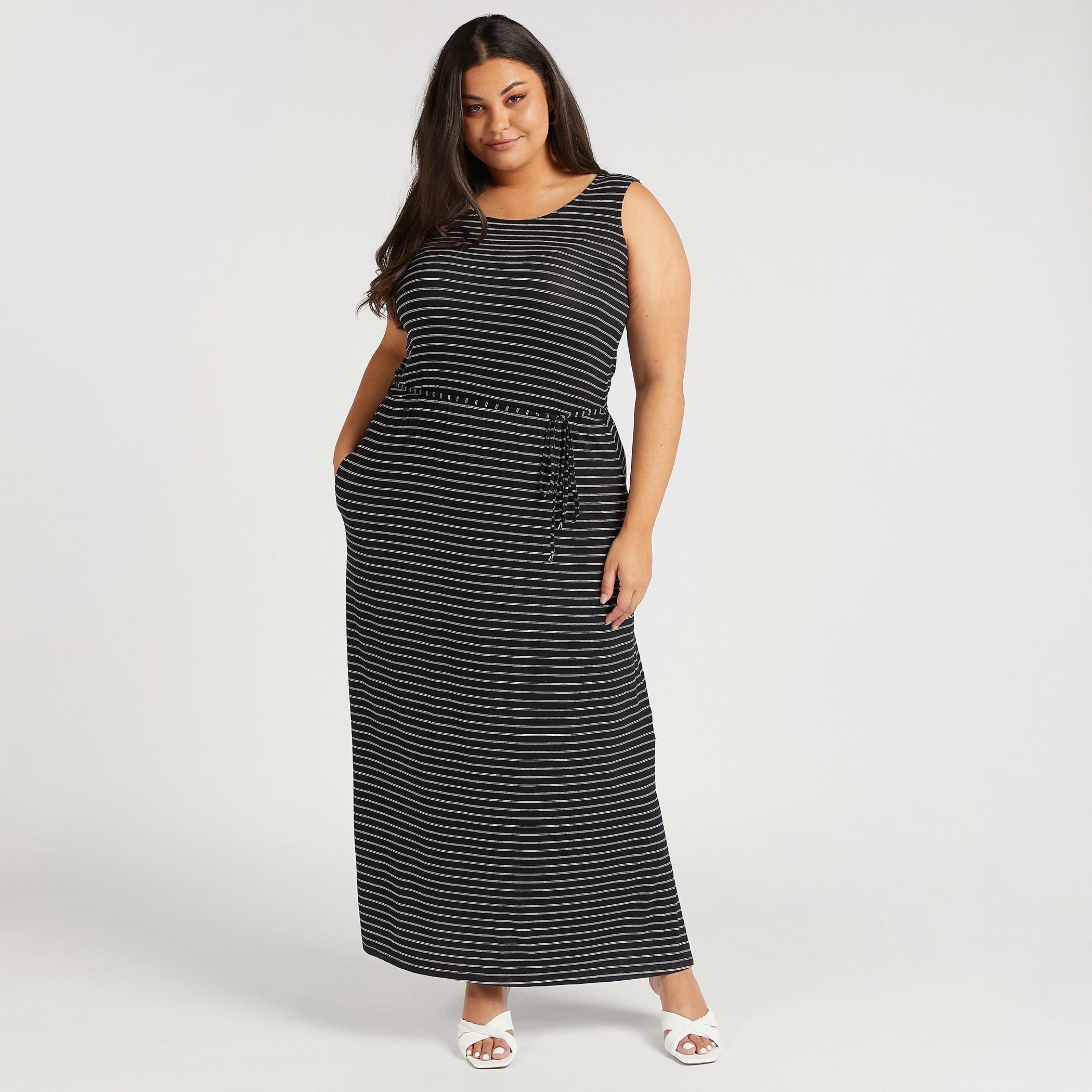 Striped Maxi Sleeveless Shift Dress with Tie-Up Belt-women-clothing-dresses-image-1