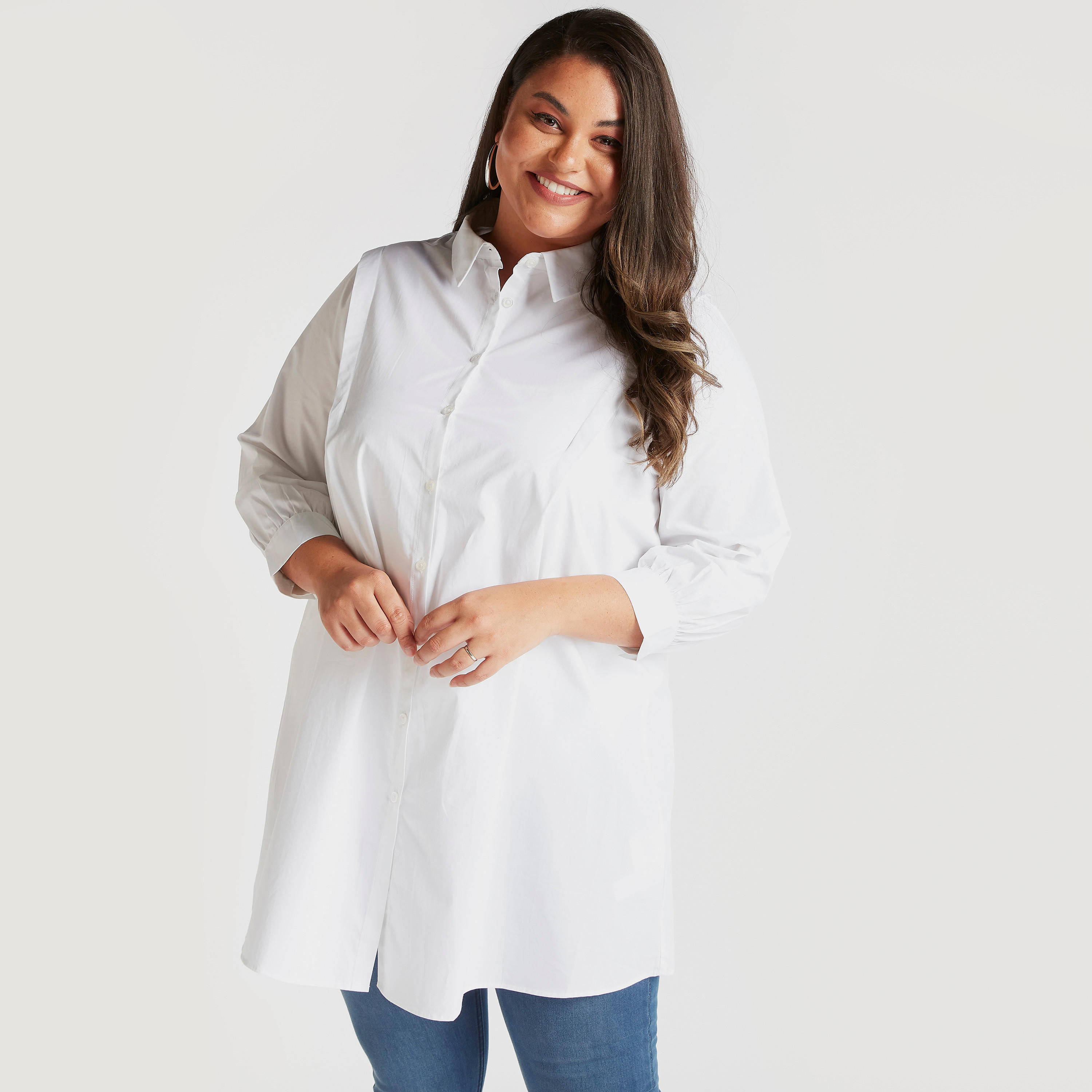 بلوزة طويلة سادة بأكمام طويلة وياقة عادية-women-clothing-shirtsandblouses-blouses-image-4
