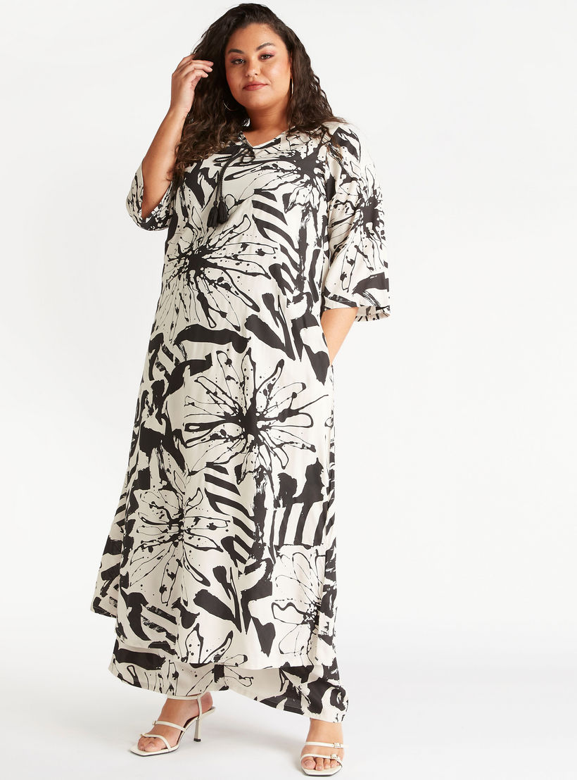 فستان طويل إيه لاين بأربطة مزينة بشرّابات وطبعات زهرية-women-clothing-dresses-image-2