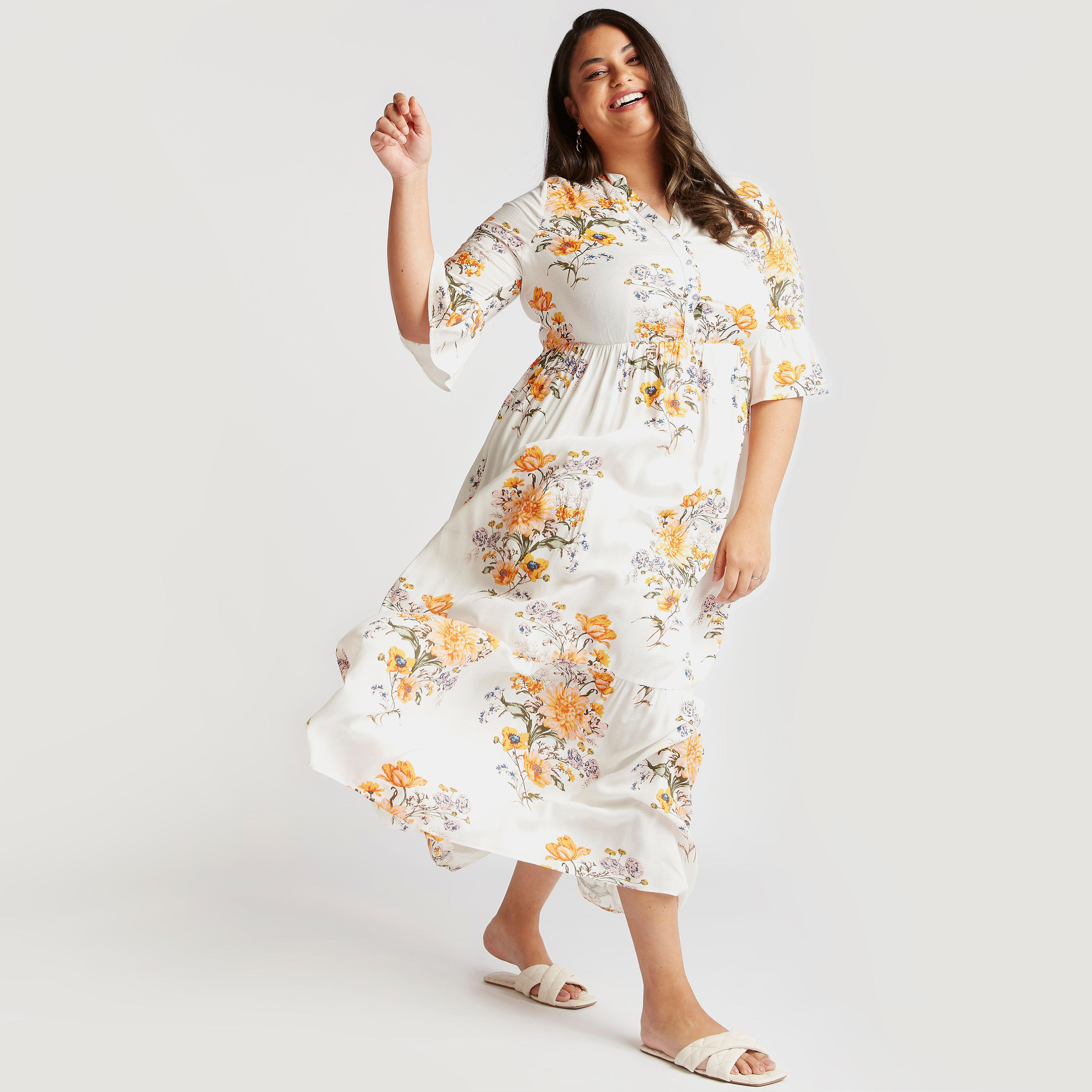 فستان إيه لاين ميدي بطبعات أزهار وأكمام 3/4 واسعة-women-clothing-dresses-image-1