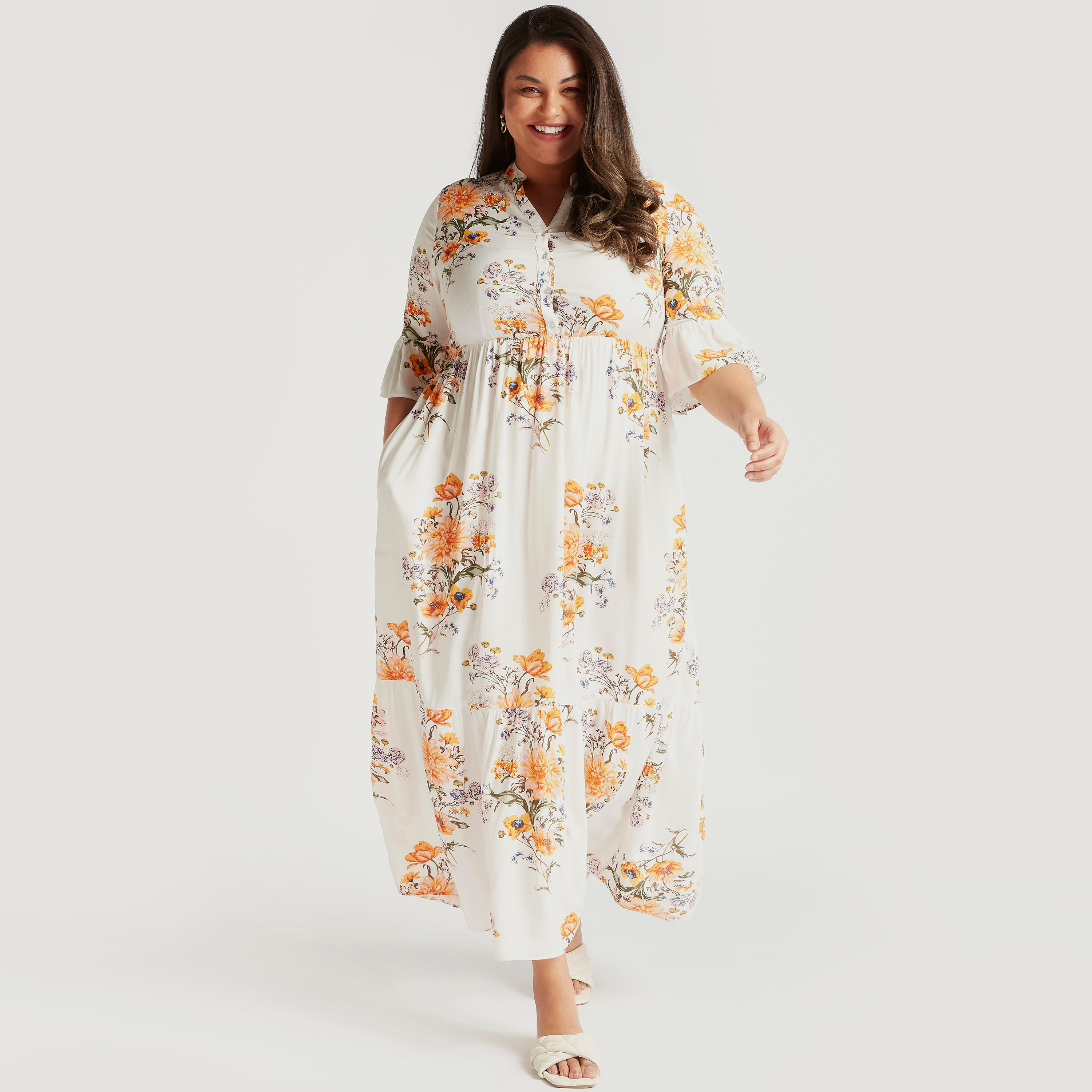 فستان إيه لاين ميدي بطبعات أزهار وأكمام 3/4 واسعة-women-clothing-dresses-image-2