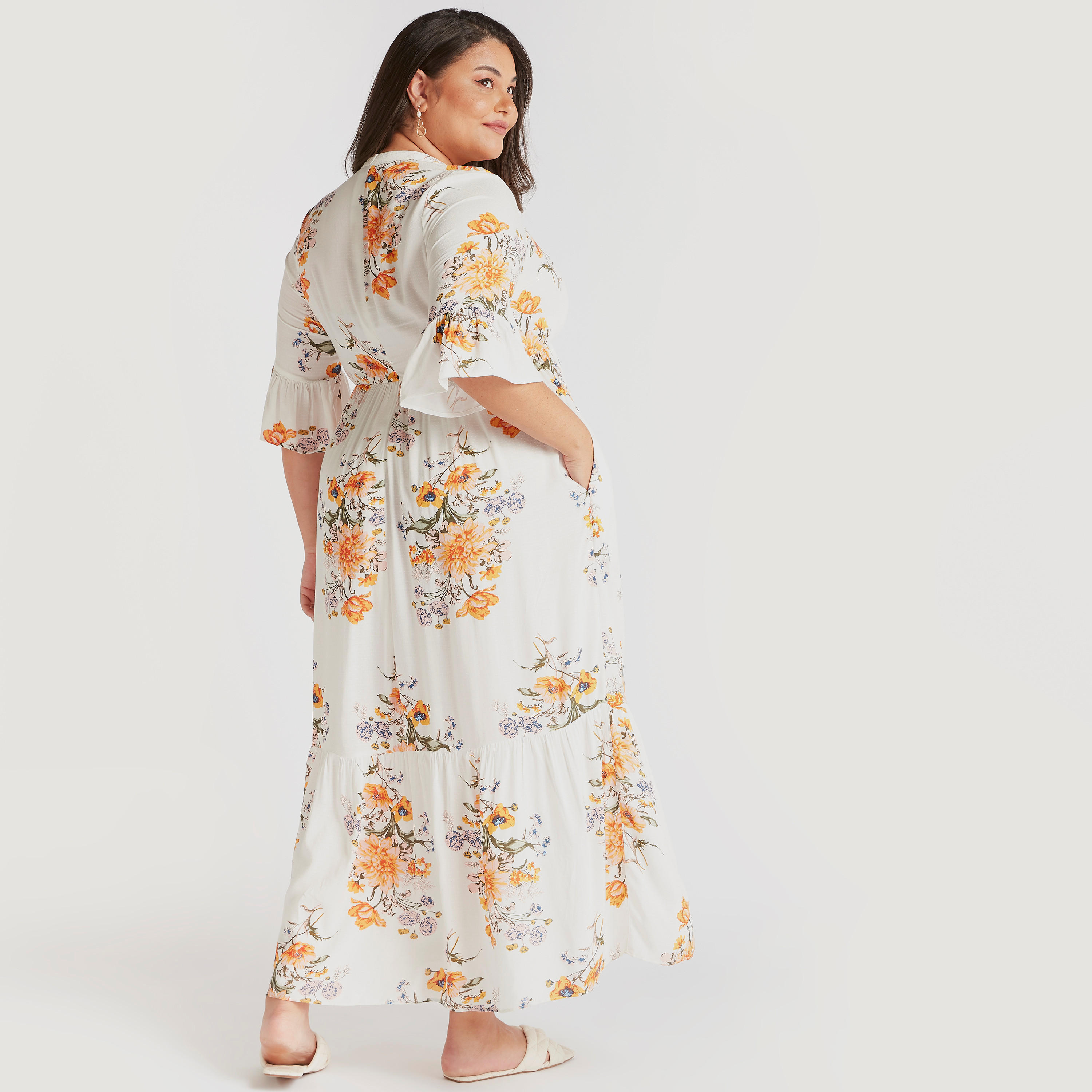 فستان إيه لاين ميدي بطبعات أزهار وأكمام 3/4 واسعة-women-clothing-dresses-image-4