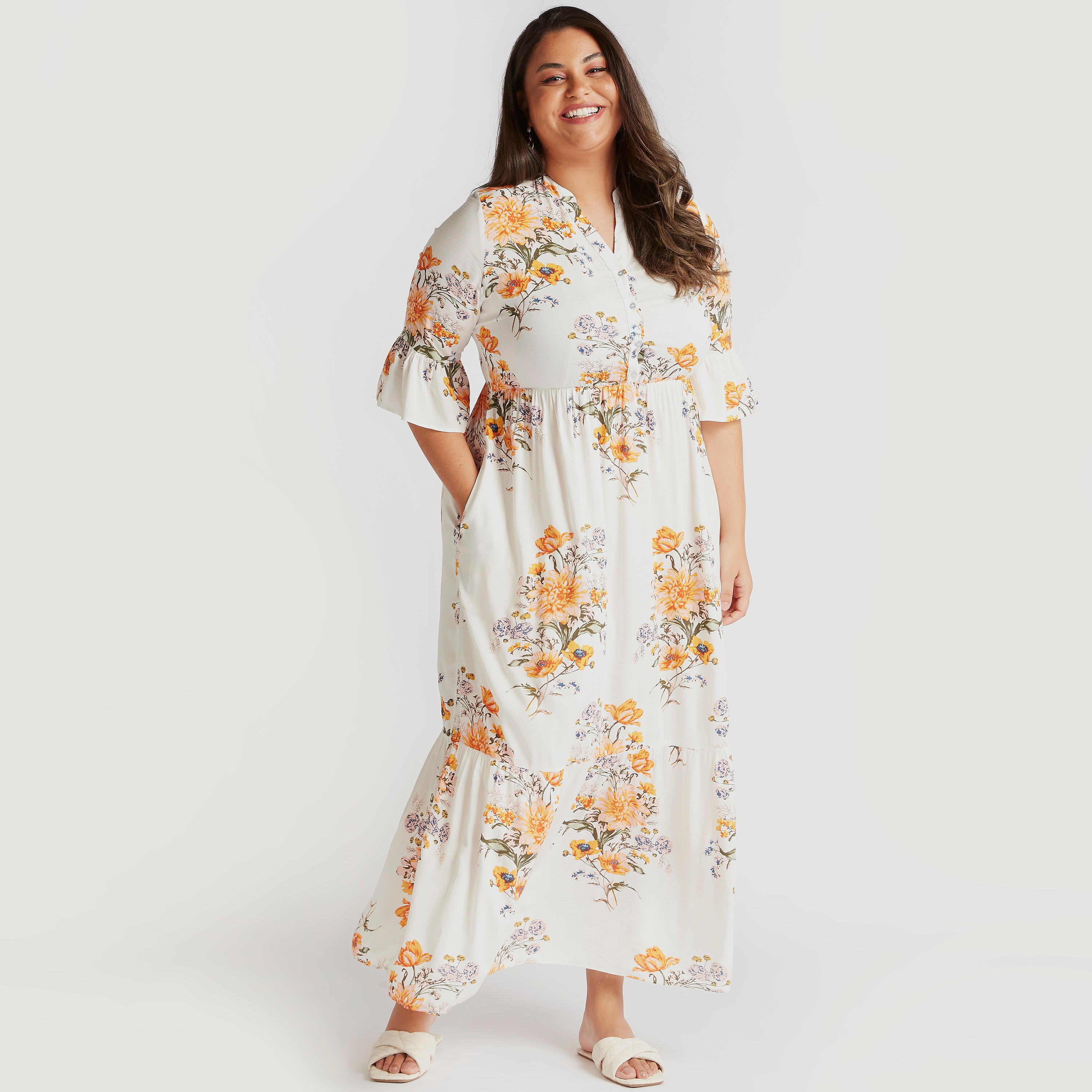 فستان إيه لاين ميدي بطبعات أزهار وأكمام 3/4 واسعة-women-clothing-dresses-image-6