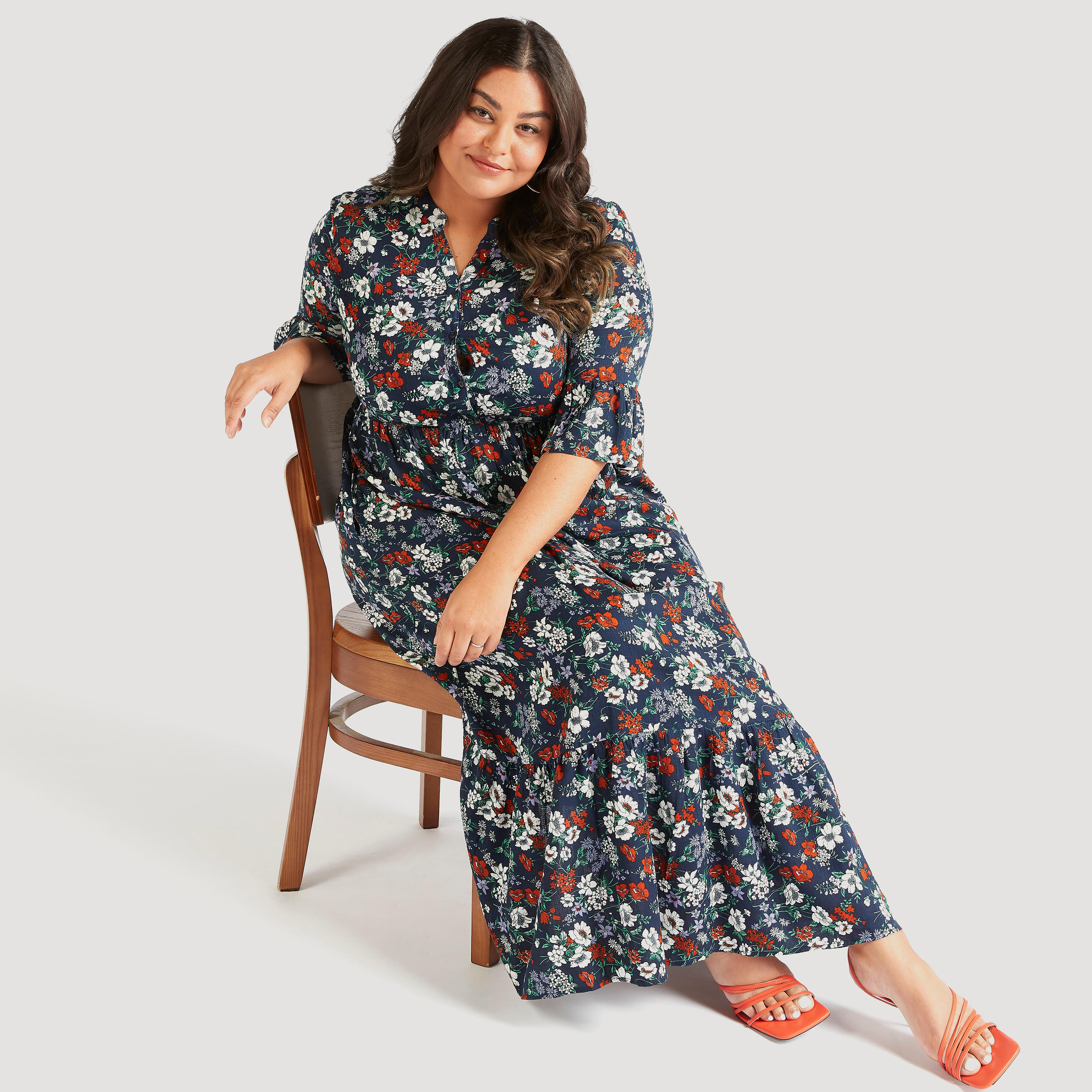 فستان طويل إيه لاين بطبعات أزهار وأكمام 3/4-women-clothing-dresses-image-1