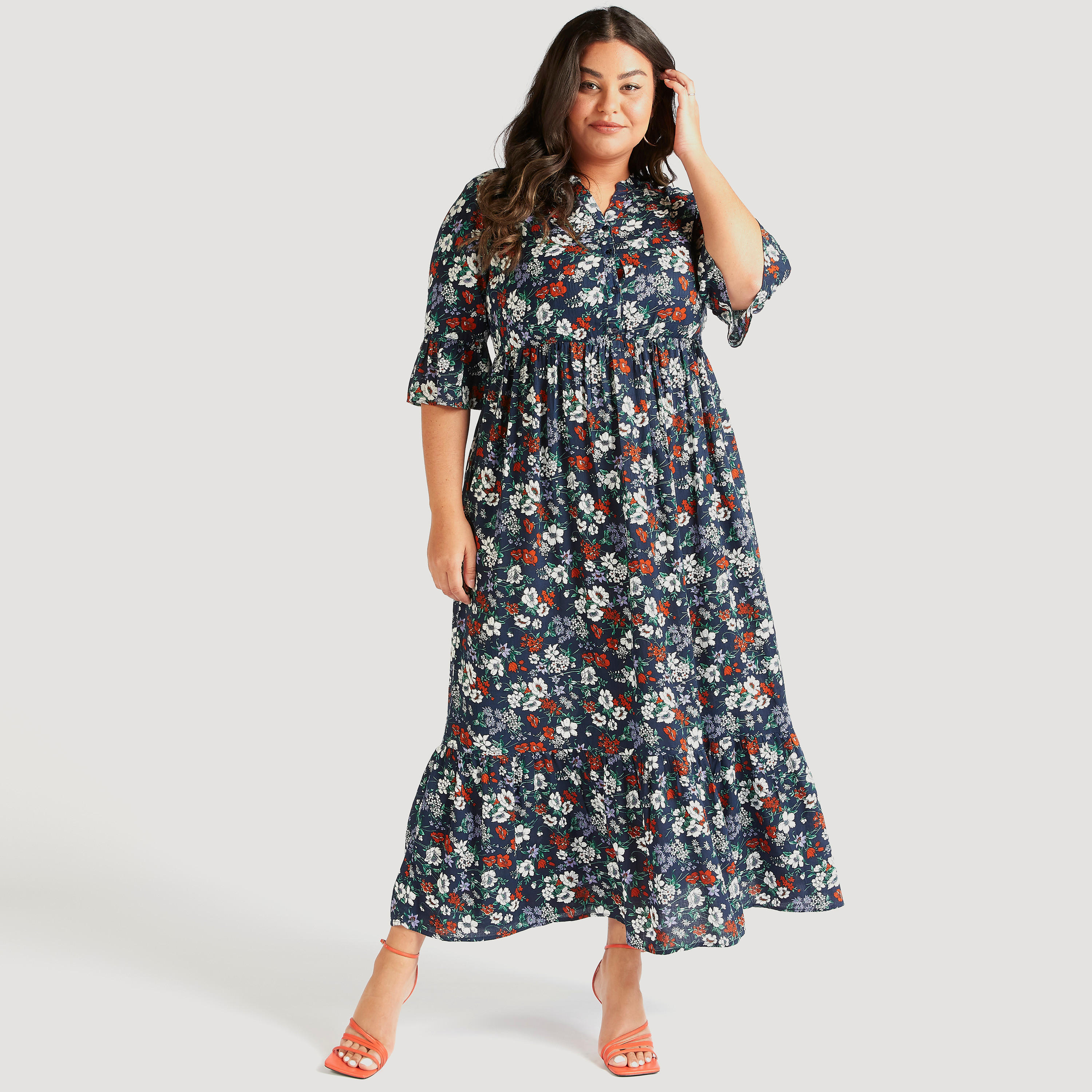 فستان طويل إيه لاين بطبعات أزهار وأكمام 3/4-women-clothing-dresses-image-2