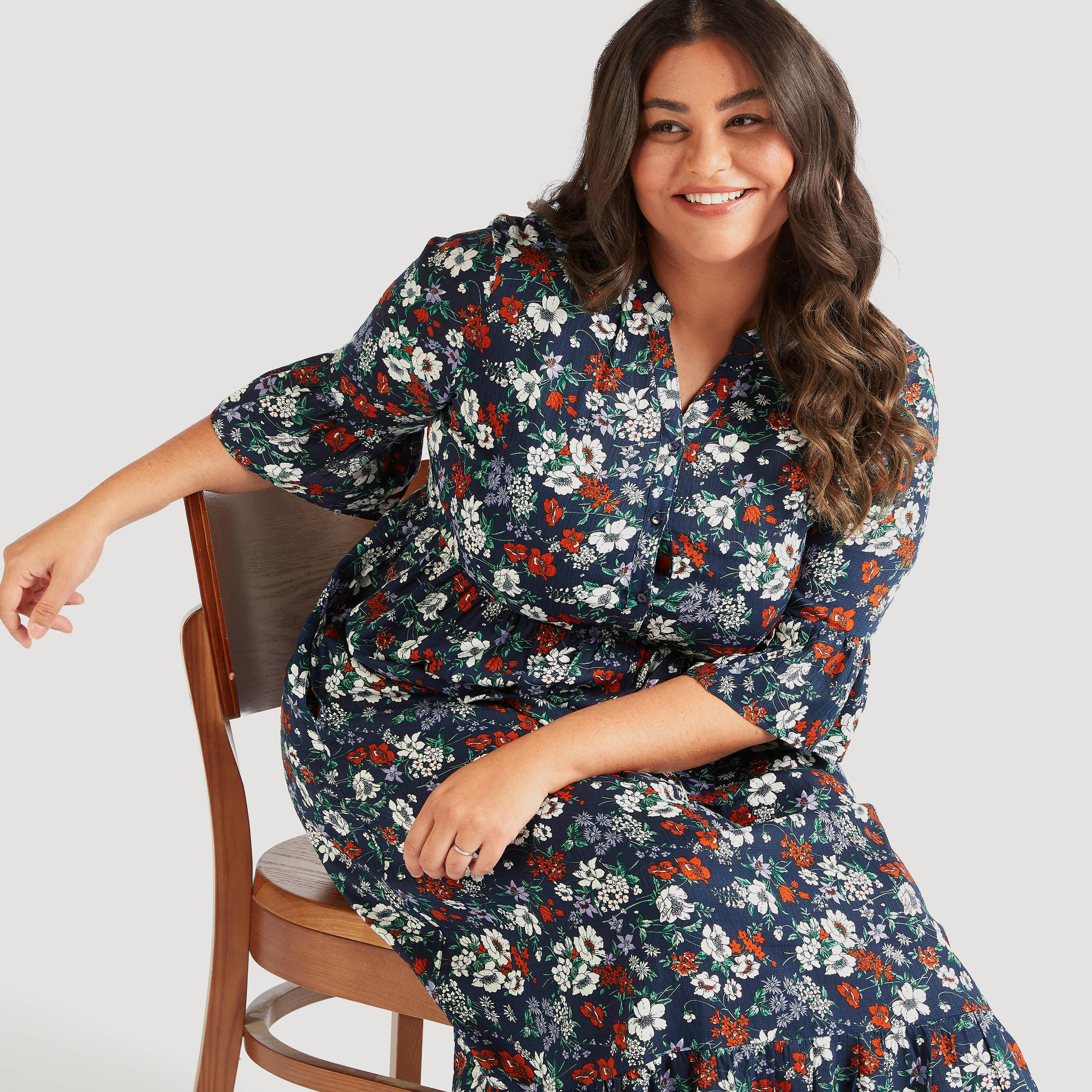فستان طويل إيه لاين بطبعات أزهار وأكمام 3/4-women-clothing-dresses-image-5