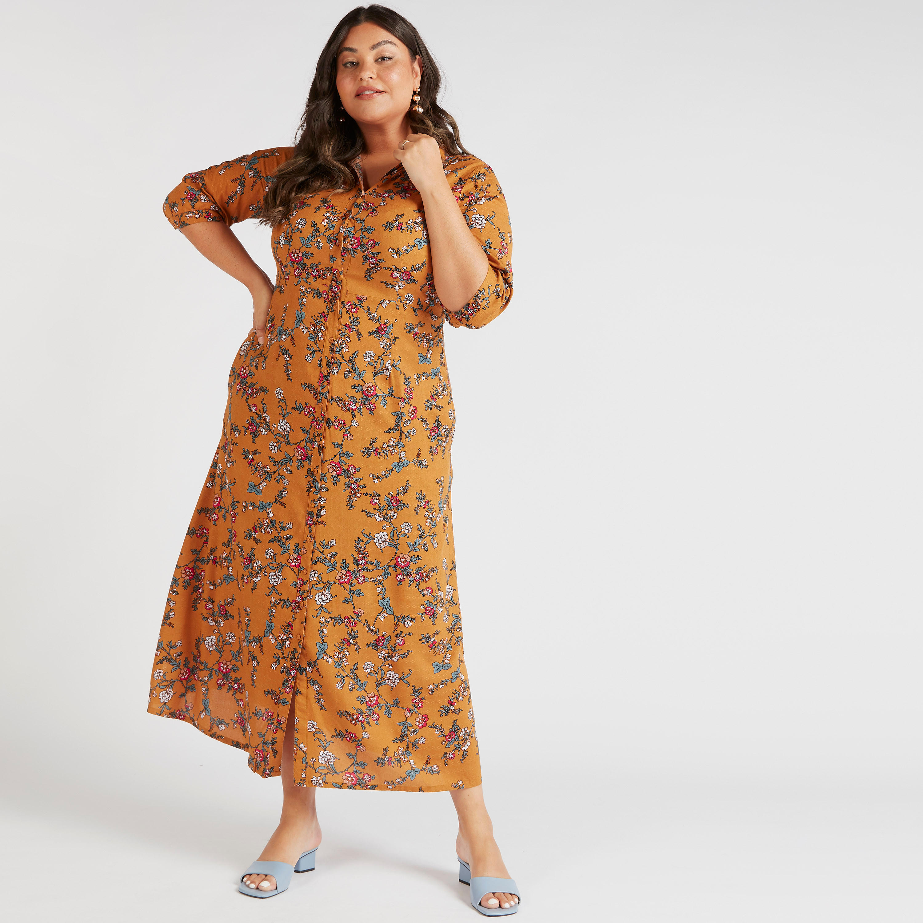 فستان قميص ميدي بطبعات أزهار وأكمام 3/4-women-clothing-dresses-image-1