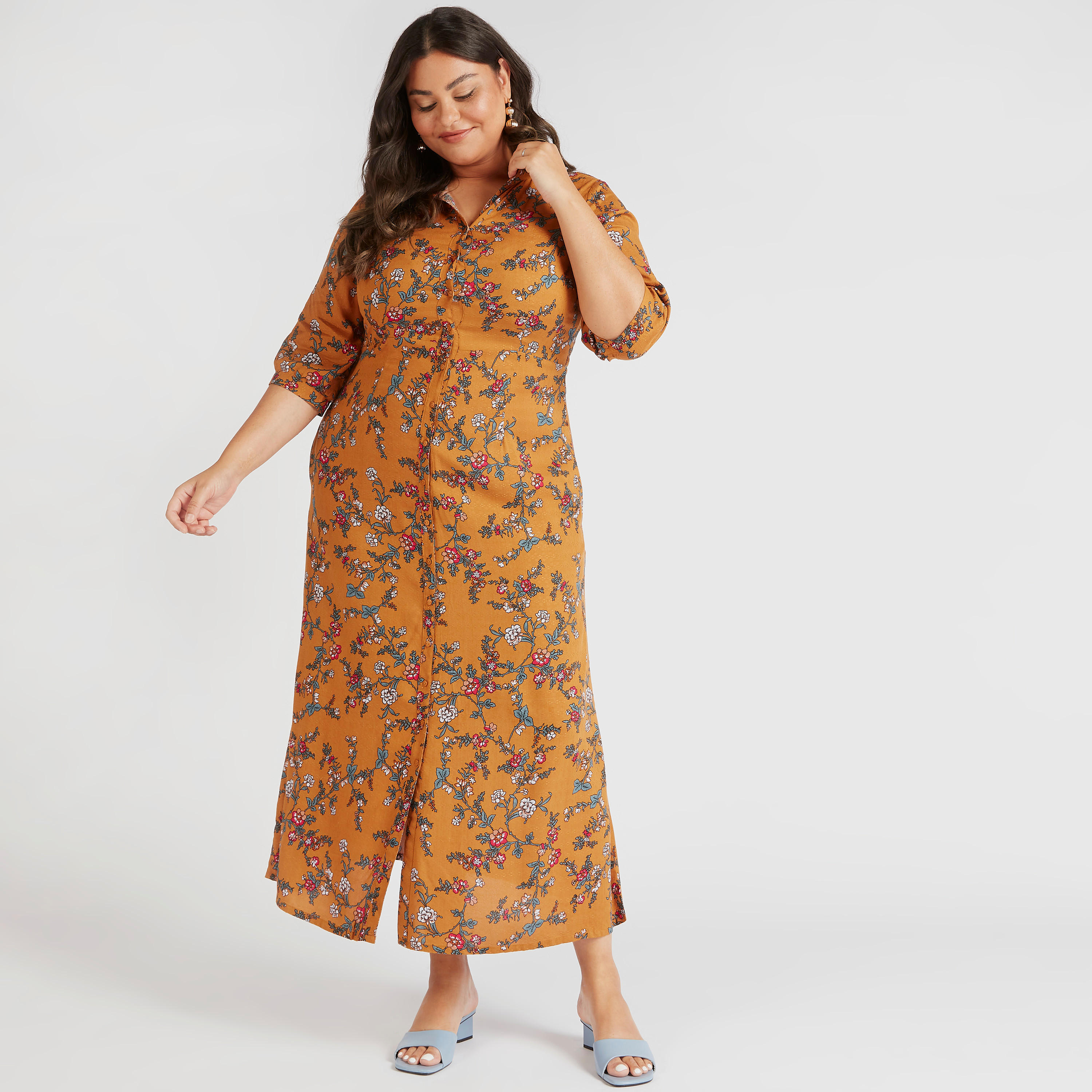فستان قميص ميدي بطبعات أزهار وأكمام 3/4-women-clothing-dresses-image-2