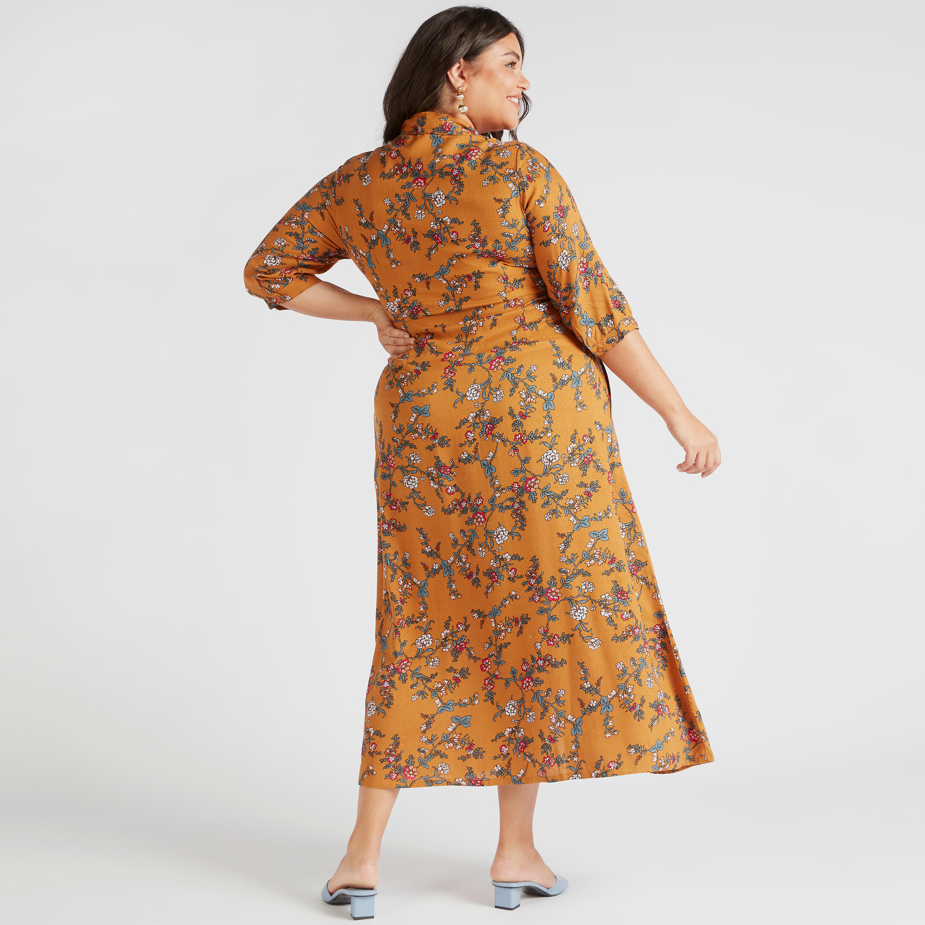 فستان قميص ميدي بطبعات أزهار وأكمام 3/4-women-clothing-dresses-image-4
