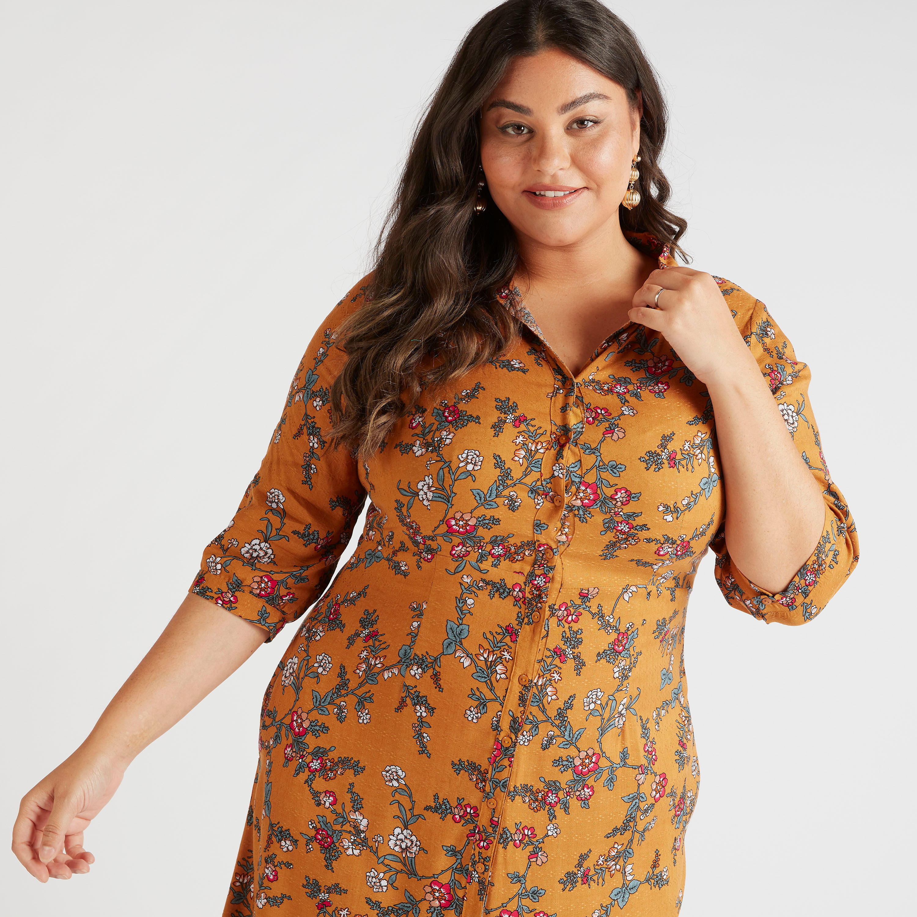 فستان قميص ميدي بطبعات أزهار وأكمام 3/4-women-clothing-dresses-image-5