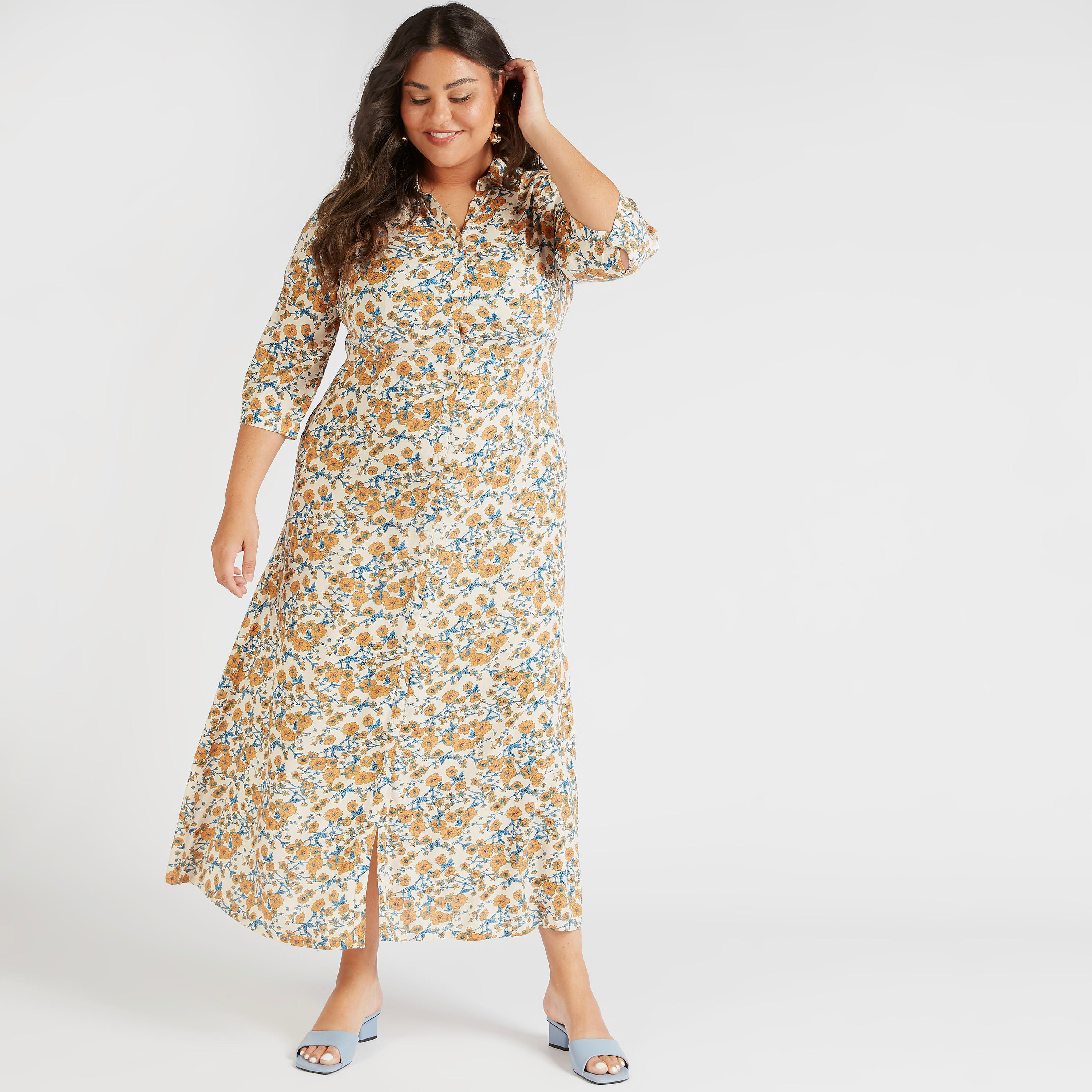 فستان طويل بأكمام 3/4 وطبعات أزهار-women-clothing-dresses-image-1