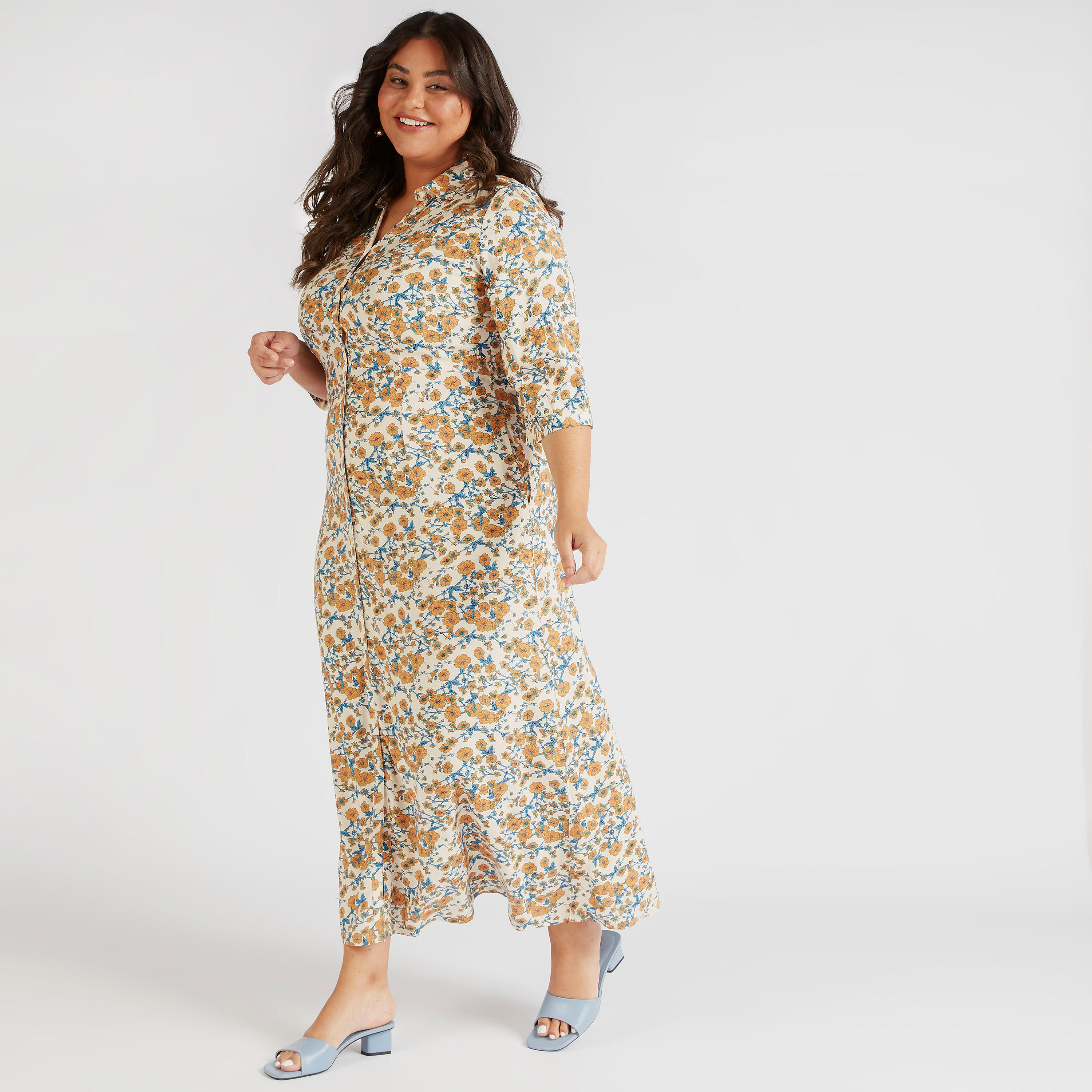 فستان طويل بأكمام 3/4 وطبعات أزهار-women-clothing-dresses-image-2
