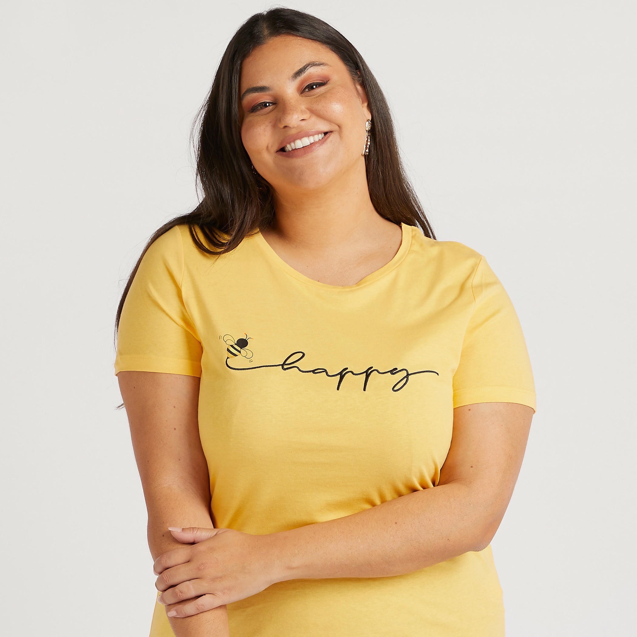 Typographic Print Round Neck T-shirt with Short Sleeves-women-clothing-tshirts-image-1