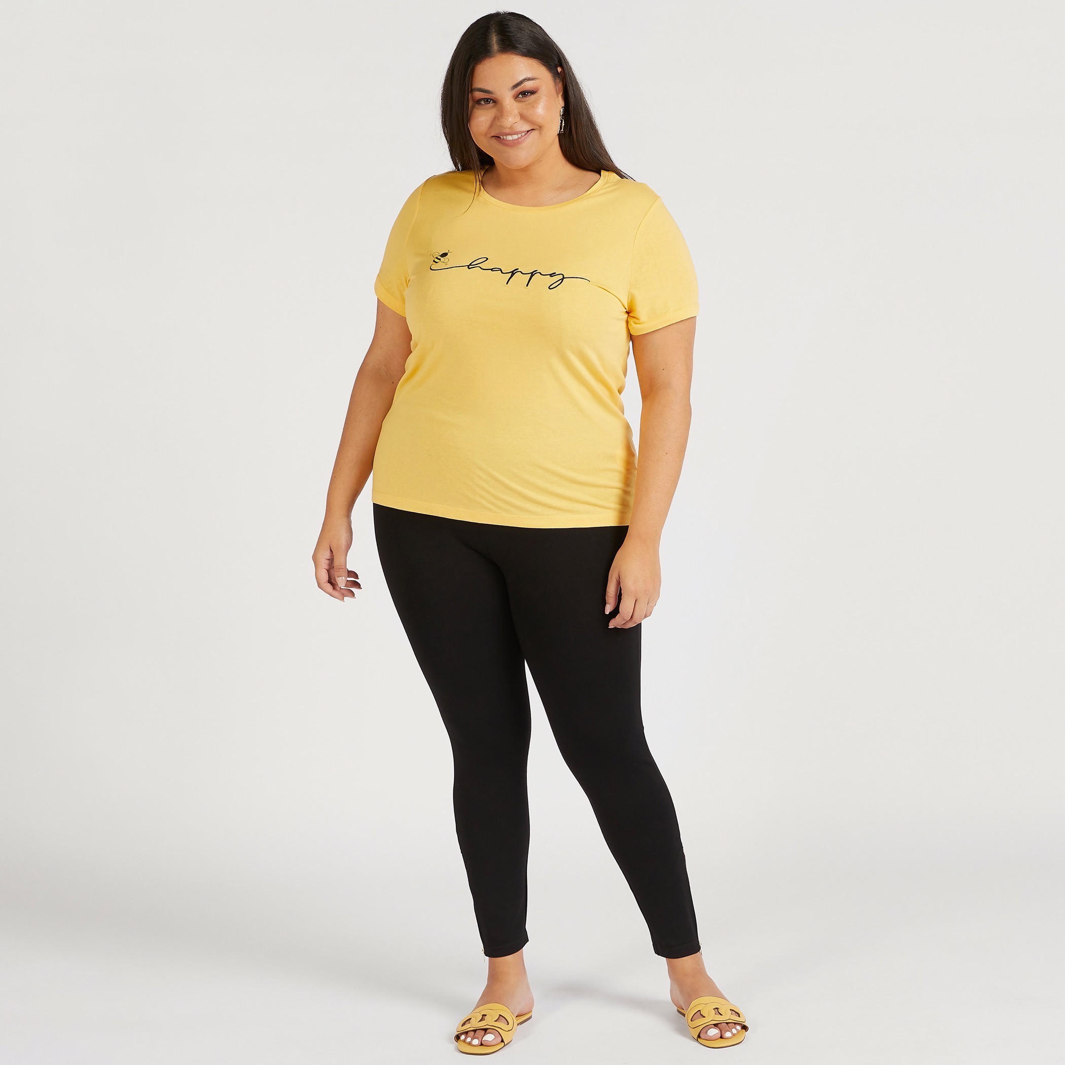 Typographic Print Round Neck T-shirt with Short Sleeves-women-clothing-tshirts-image-2