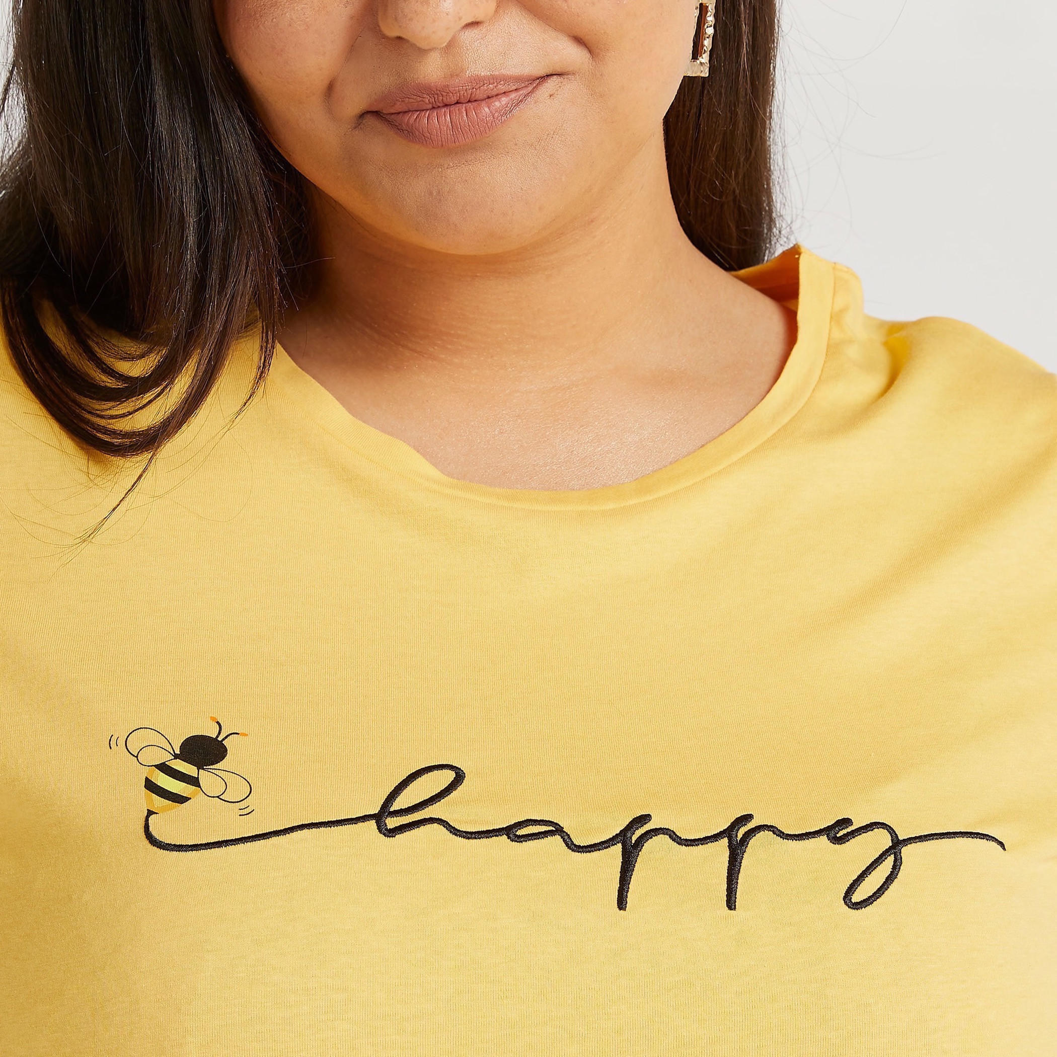 Typographic Print Round Neck T-shirt with Short Sleeves-women-clothing-tshirts-image-3